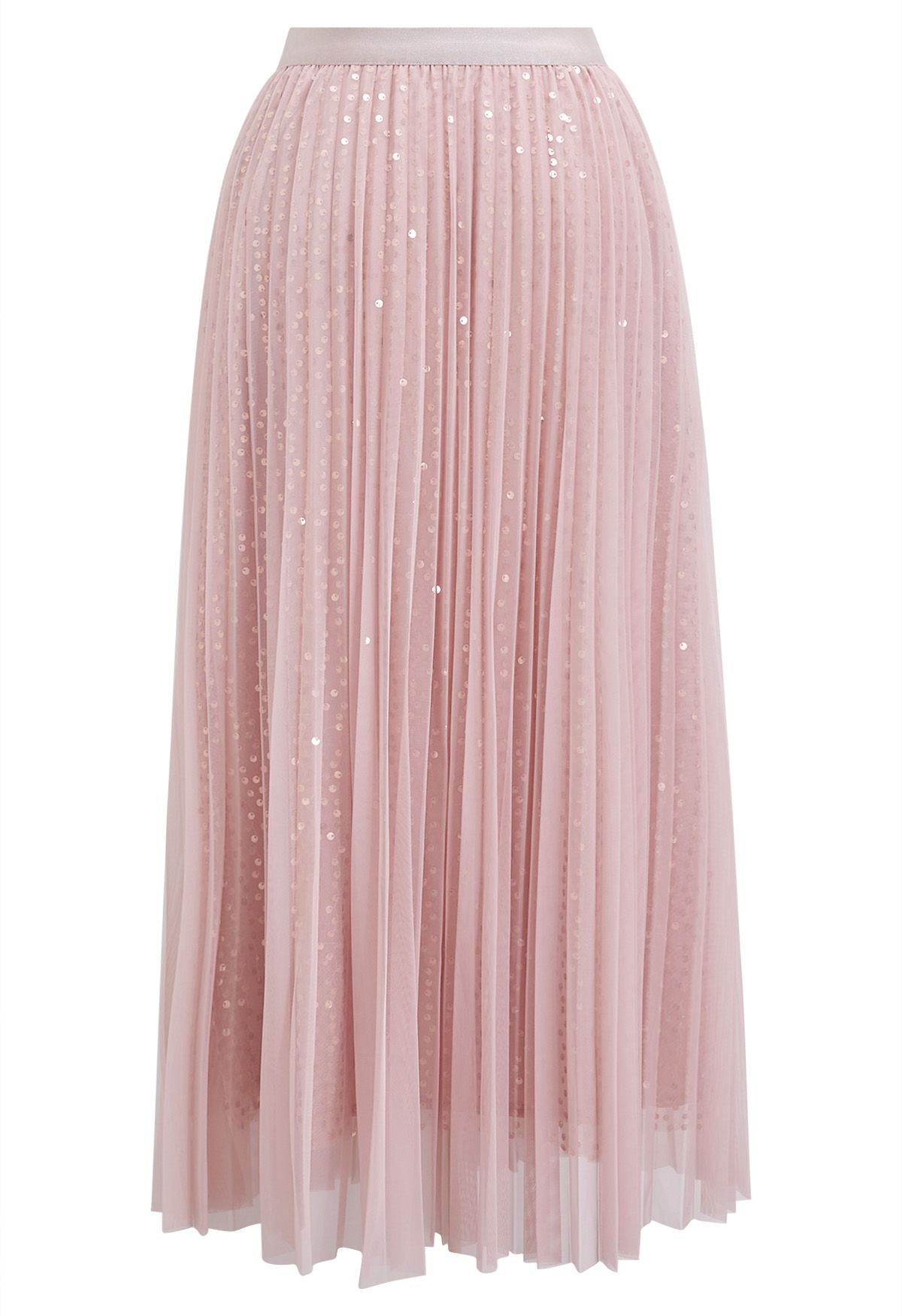 Glister Sequin Trim Mesh Tulle Maxi Skirt in Pink