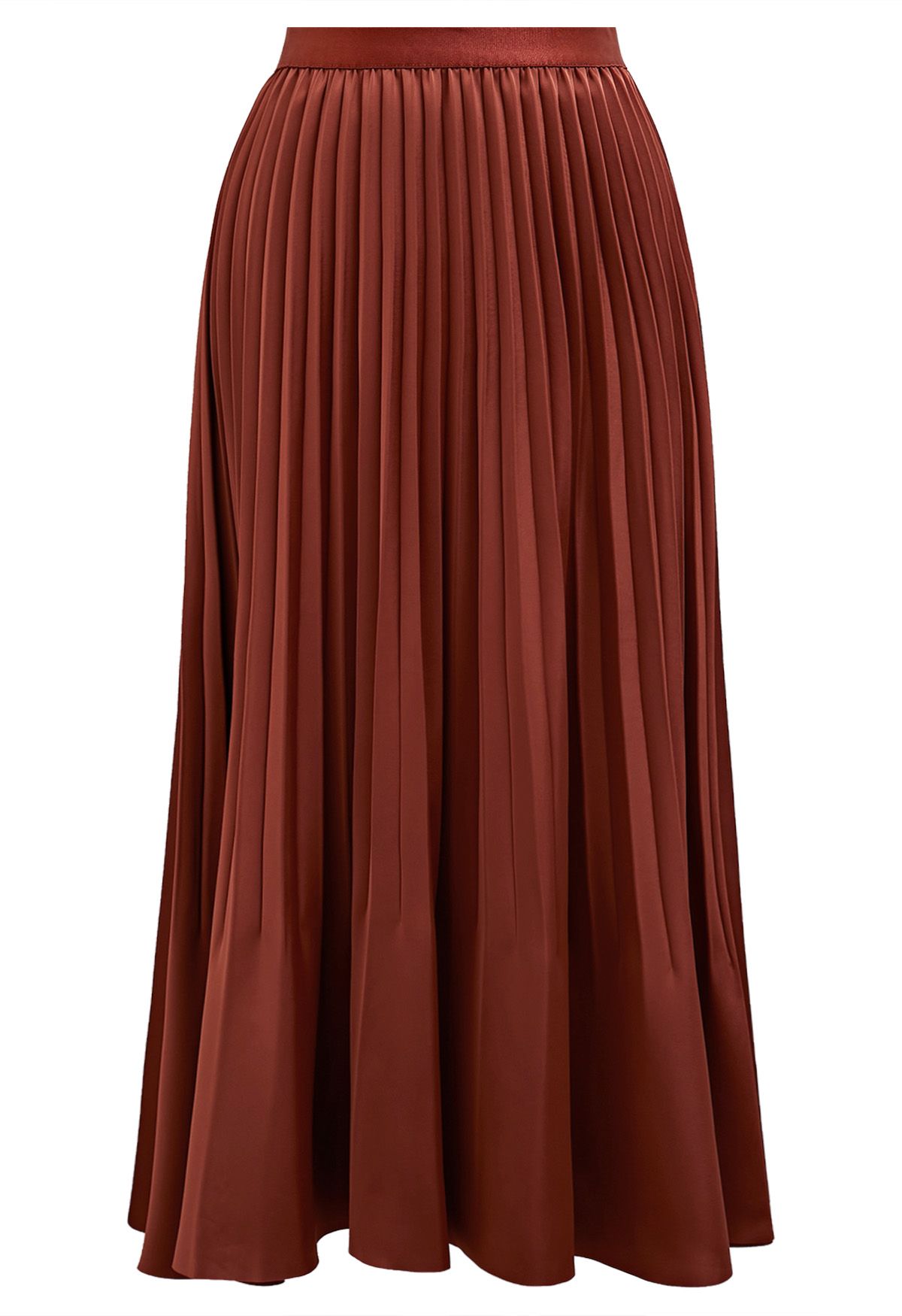 Smooth Satin Pleated Midi Skirt in Rust Red