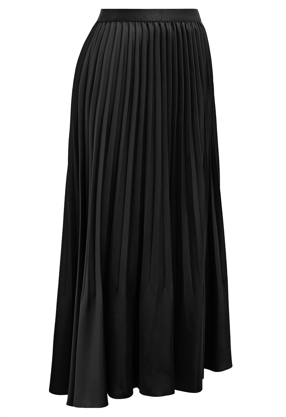 Smooth Satin Pleated Midi Skirt in Black