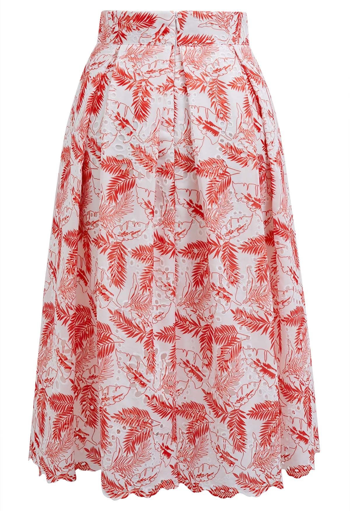 Leaf Embroidered Eyelet Pleated Midi Skirt in Red