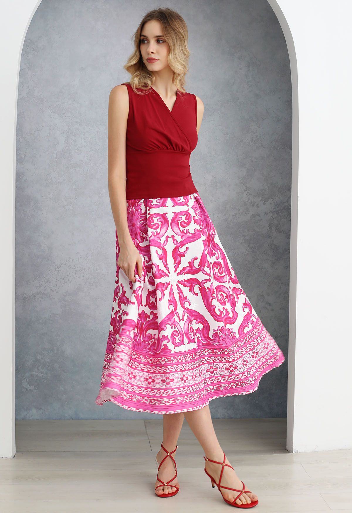 Pink Tile Jacquard Pleated A-Line Midi Skirt