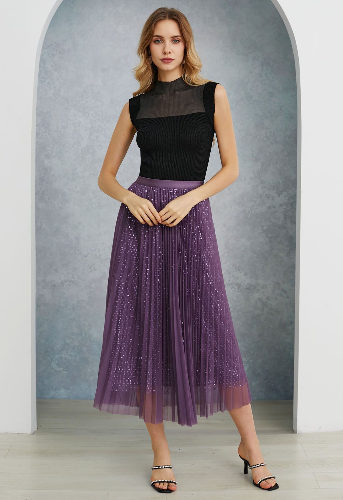 Glister Sequin Trim Mesh Tulle Maxi Skirt in Purple