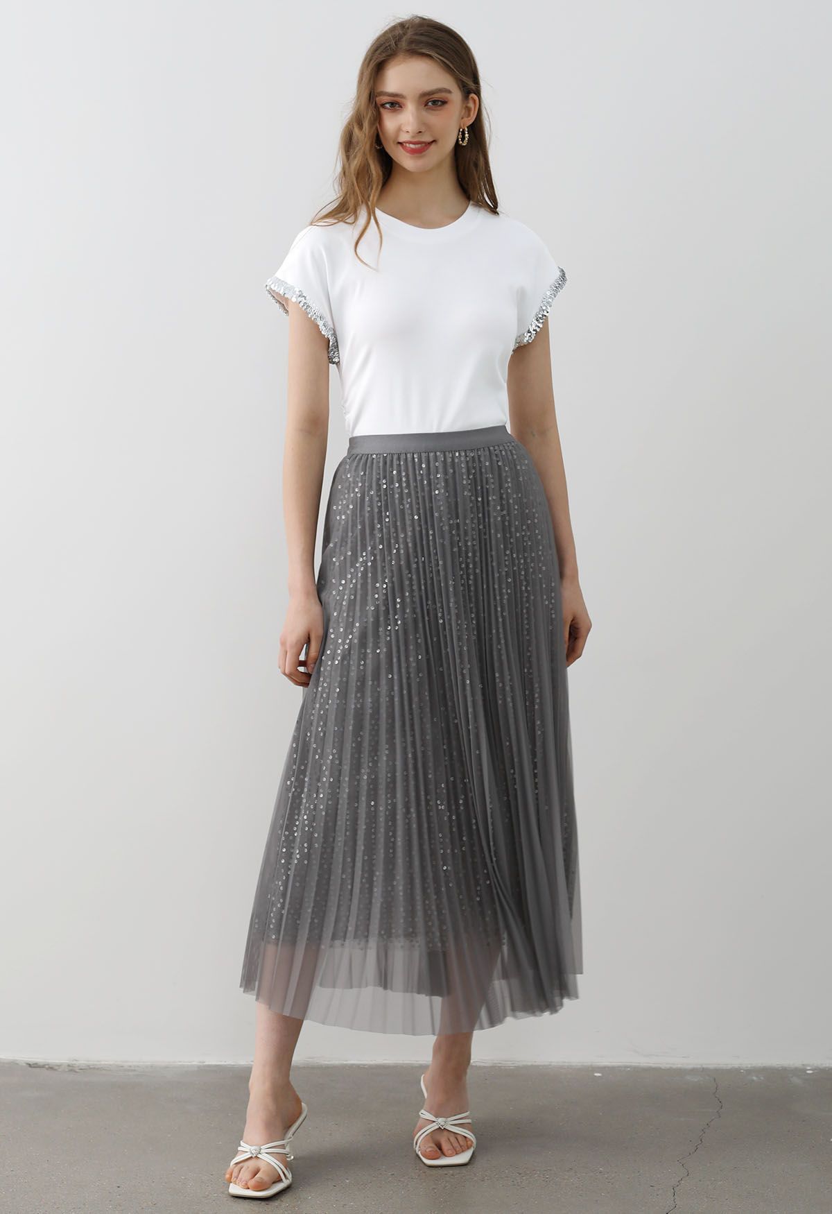 Glister Sequin Trim Mesh Tulle Maxi Skirt in Grey