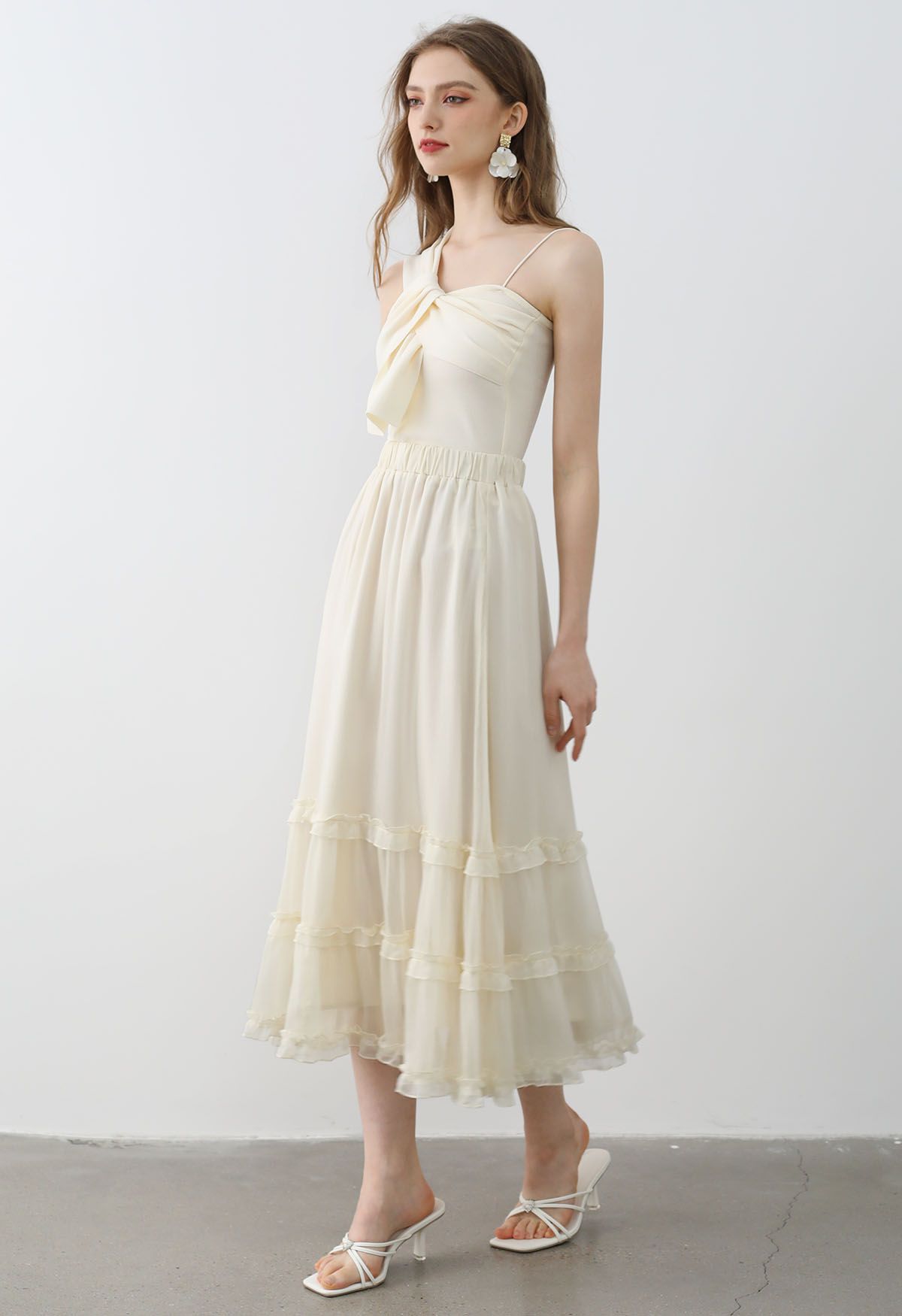 Swirling Ruffle Trim Maxi Skirt in Cream