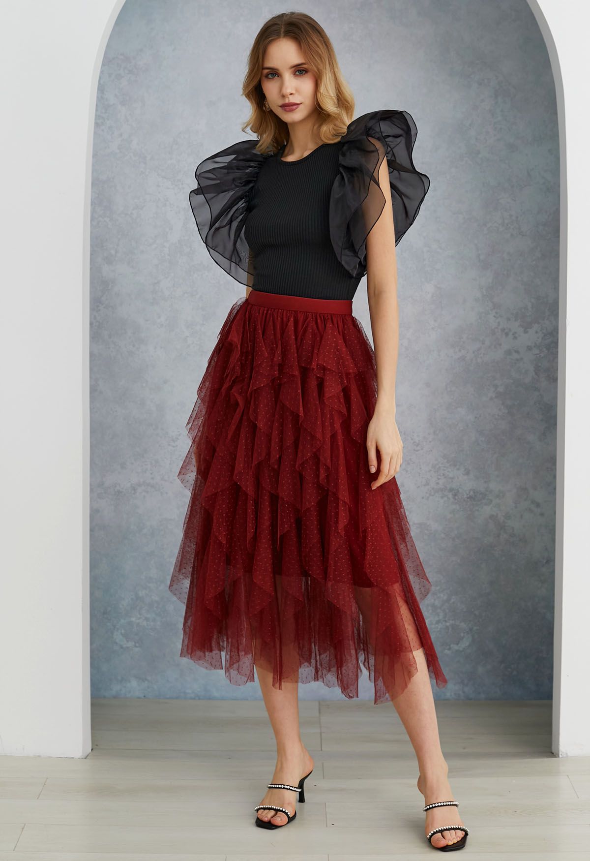 Tiered Organza Spliced Ribbed Crop Top