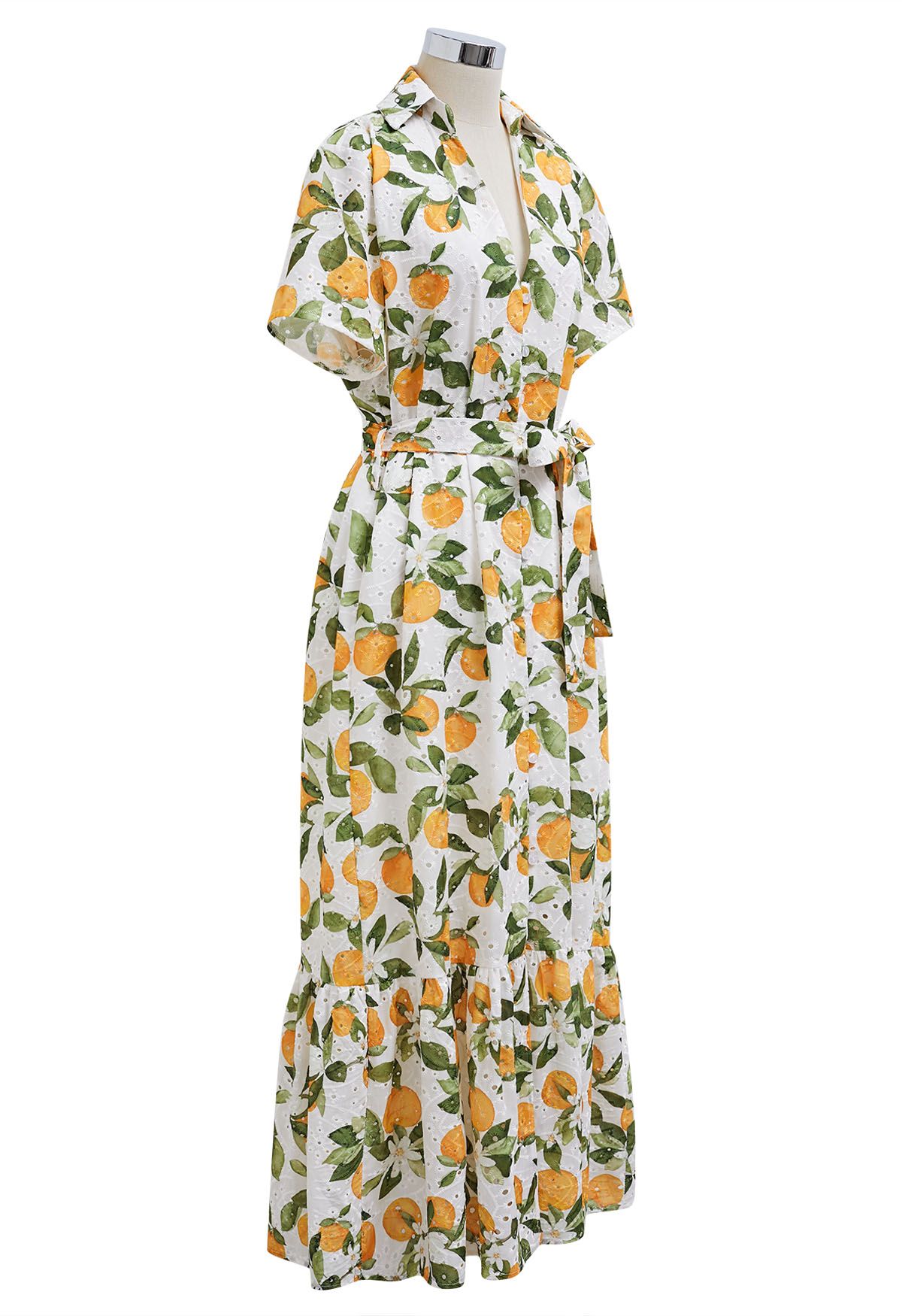 Orange Printed Embroidered Eyelet Frilling Dress in White