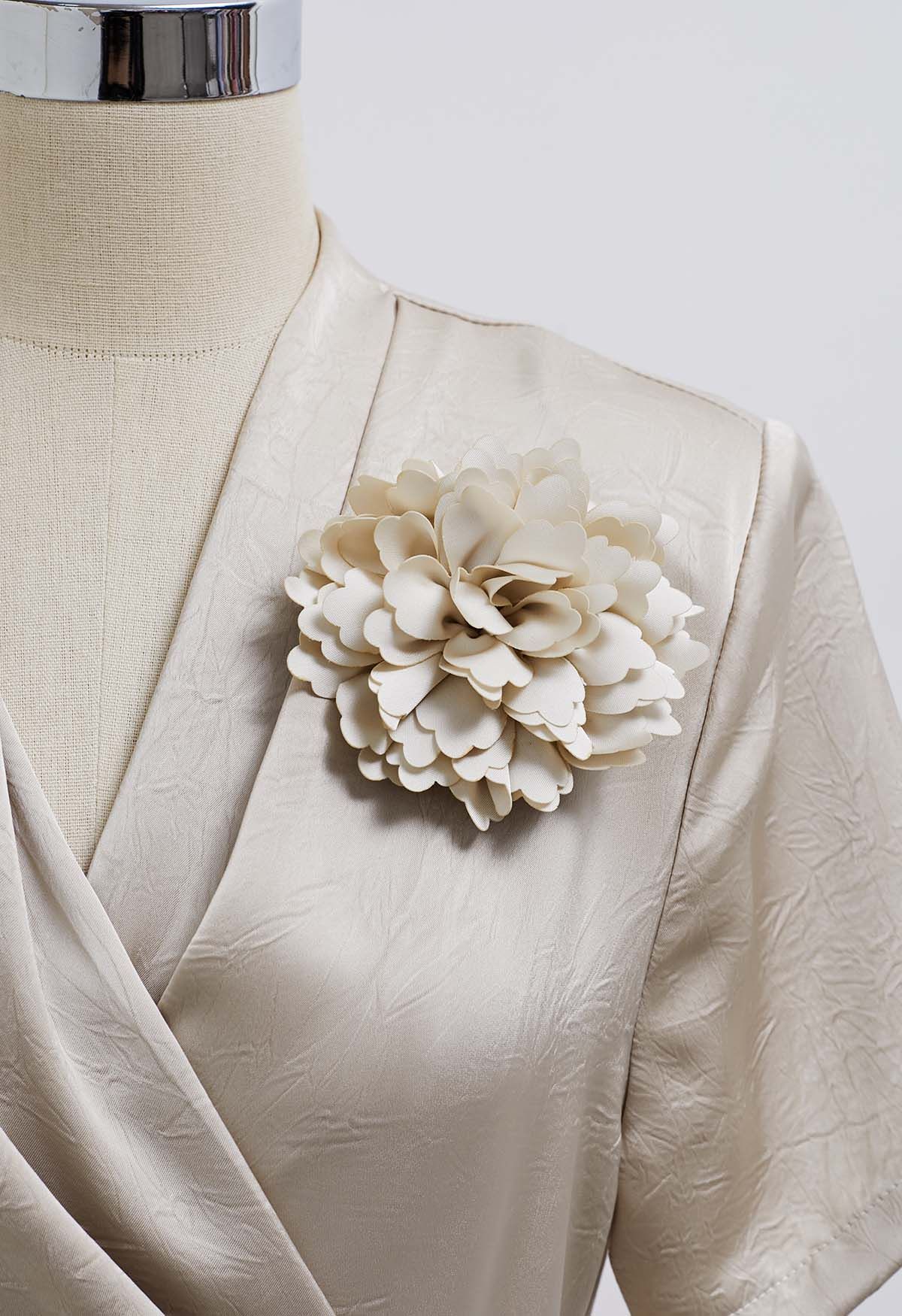 Floral Brooch Textured Satin Dress in Champagne