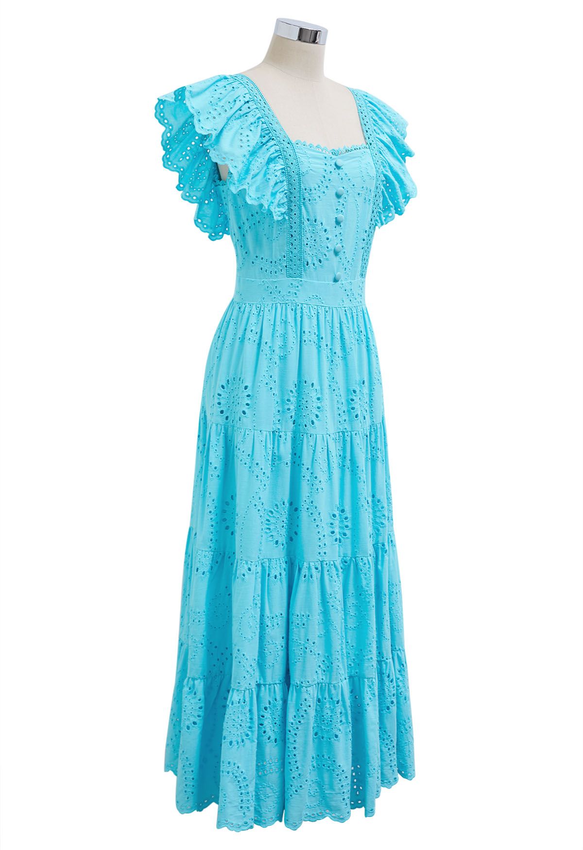 Sweetheart Neckline Eyelet Embroidery Maxi Dress in Turquoise