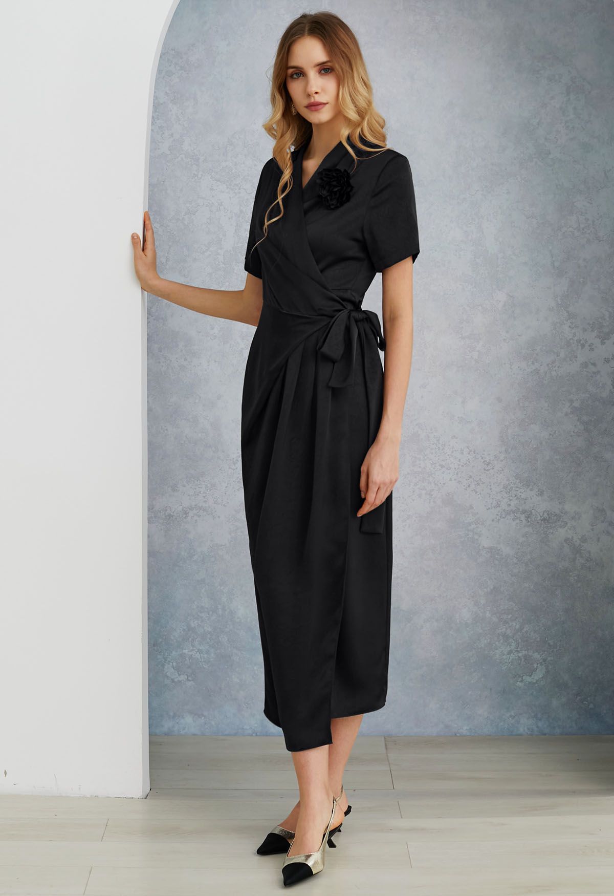 Floral Brooch Textured Satin Dress in Black