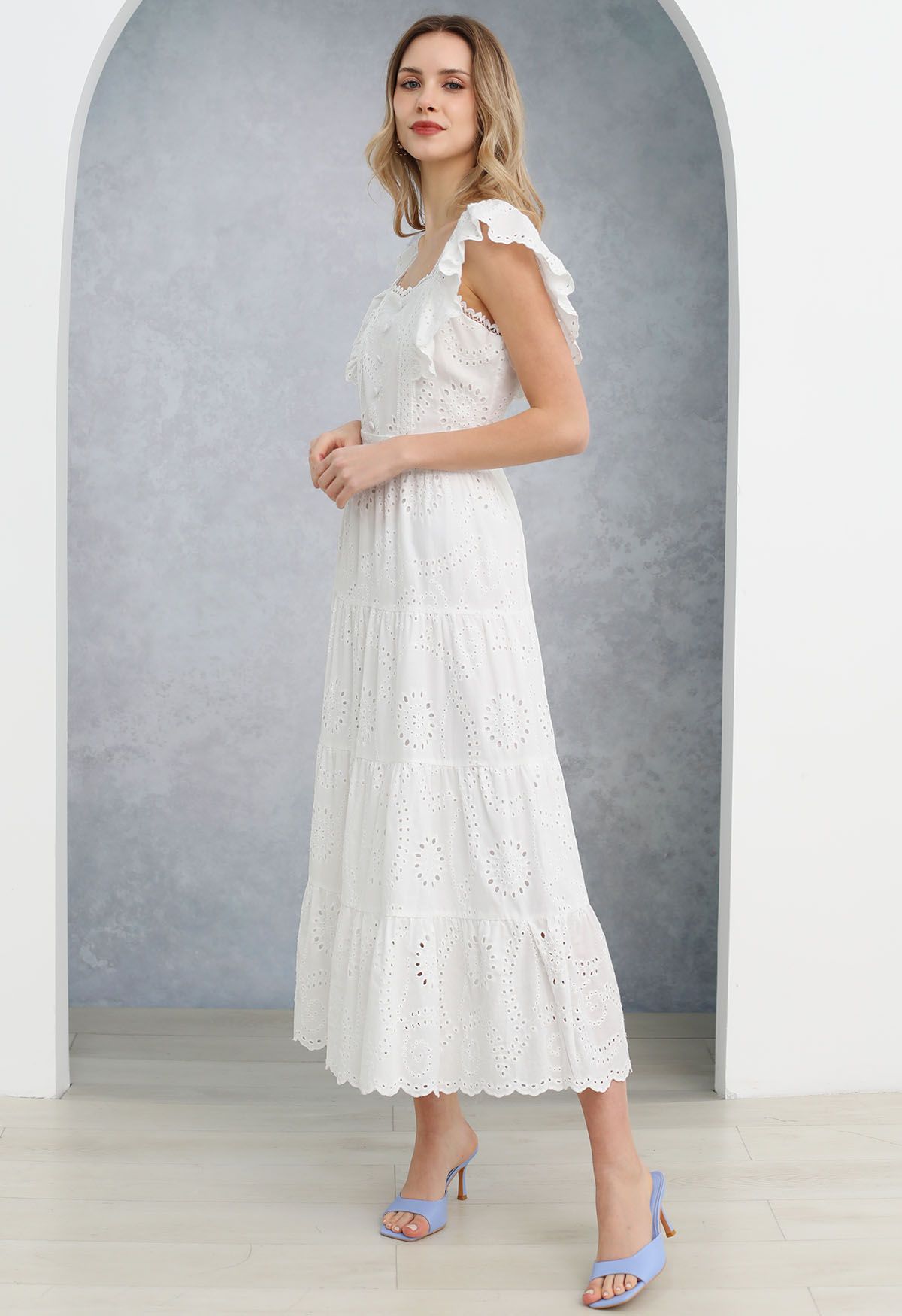 Sweetheart Neckline Eyelet Embroidery Maxi Dress in White