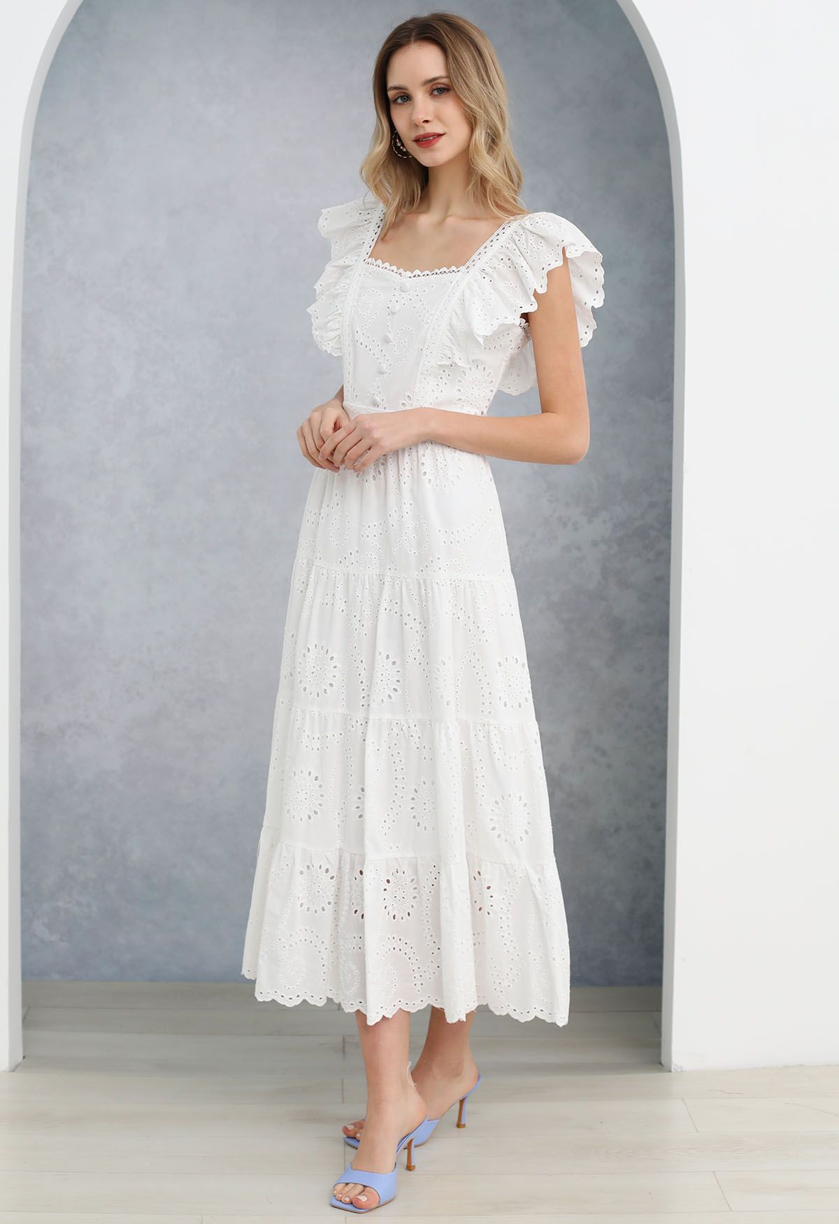 Sweetheart Neckline Eyelet Embroidery Maxi Dress in White