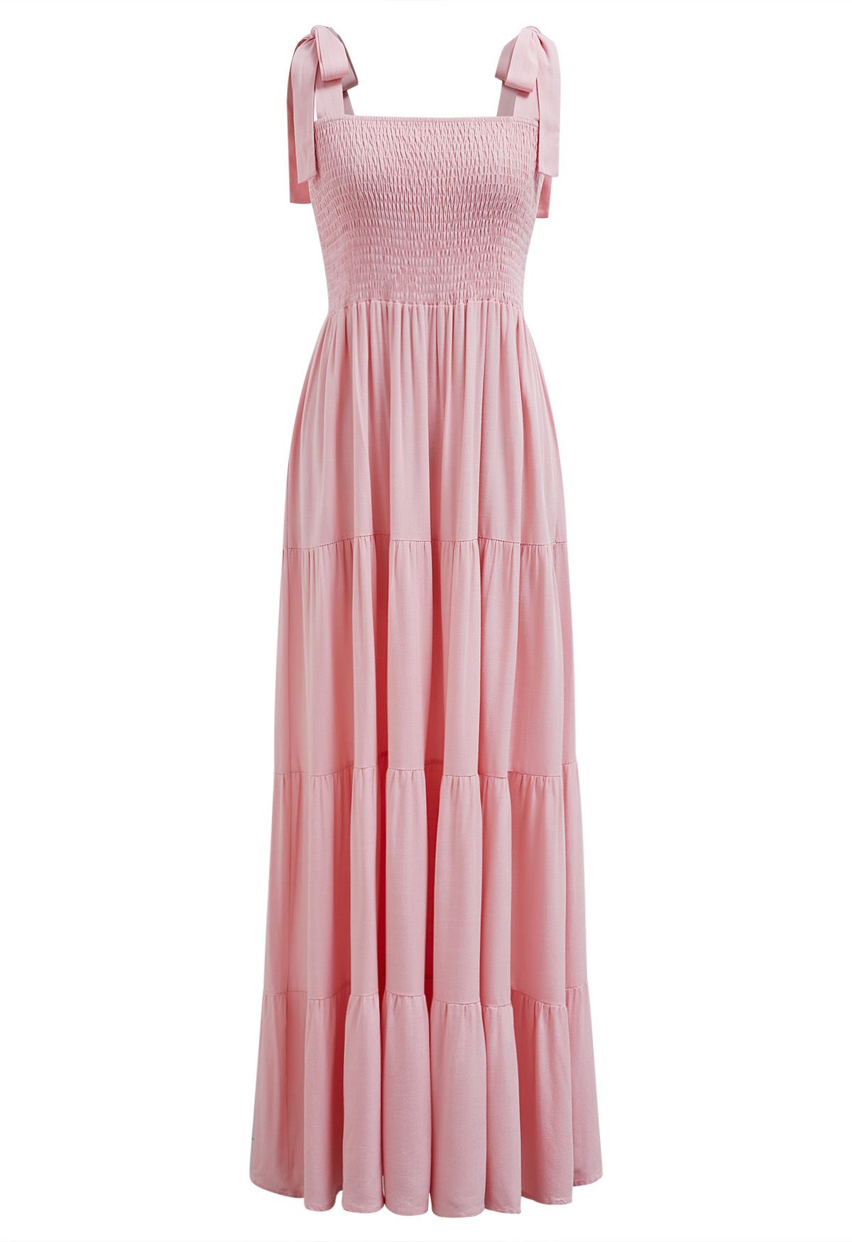 Fluttering Tie-Shoulder Shirred Maxi Dress in Pink