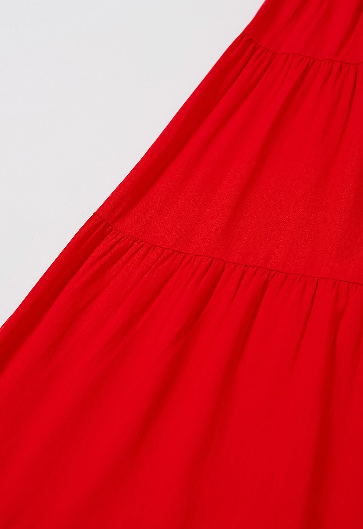 Fluttering Tie-Shoulder Shirred Maxi Dress in Red