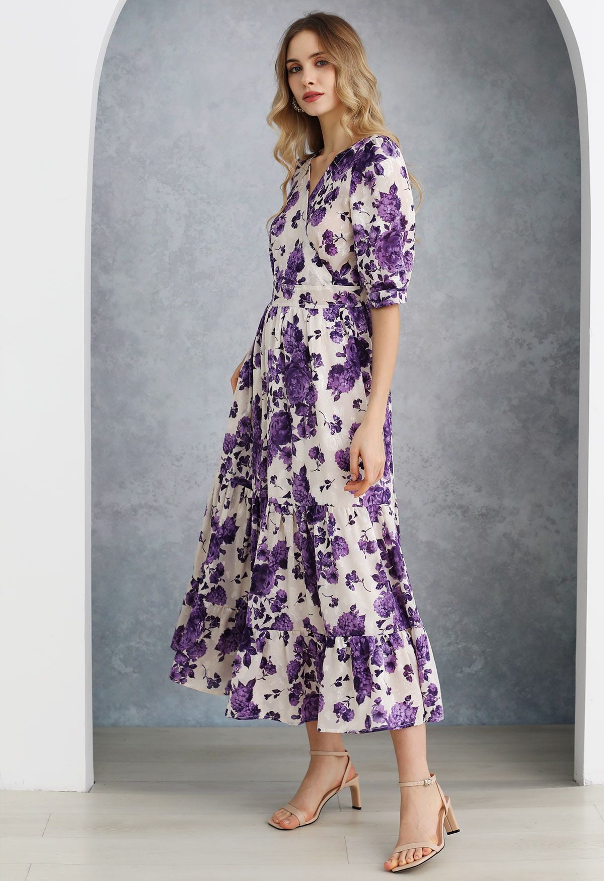 Purple Floral Jacquard Frilling Wrapped Dress