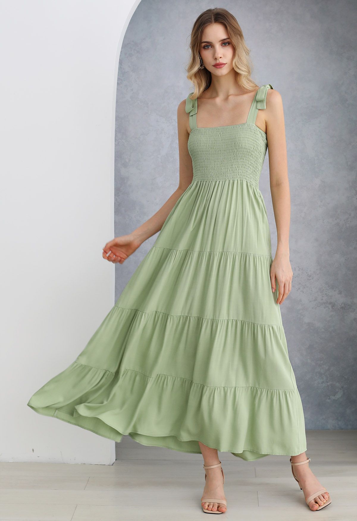 Fluttering Tie-Shoulder Shirred Maxi Dress in Pistachio