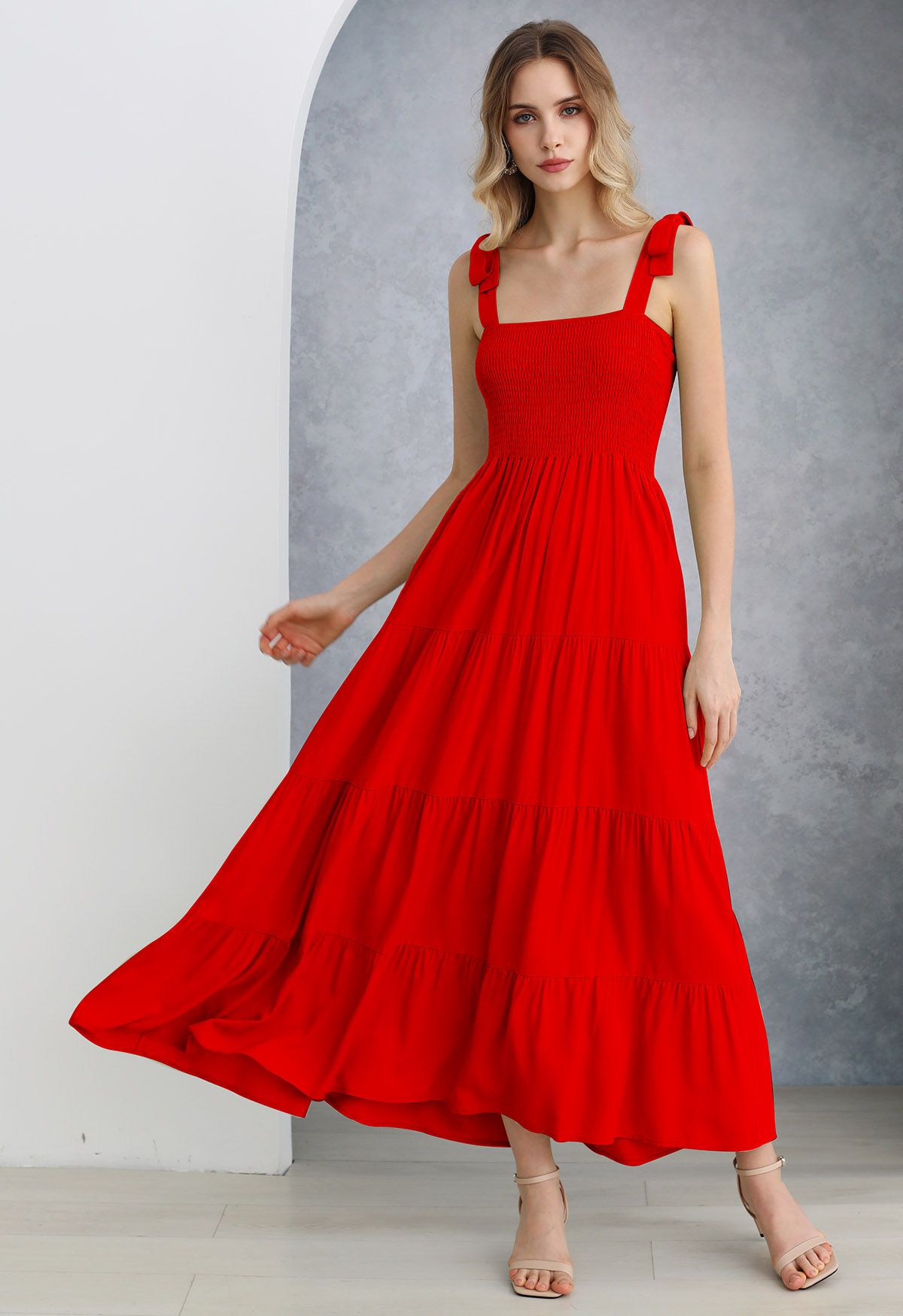 Fluttering Tie-Shoulder Shirred Maxi Dress in Red