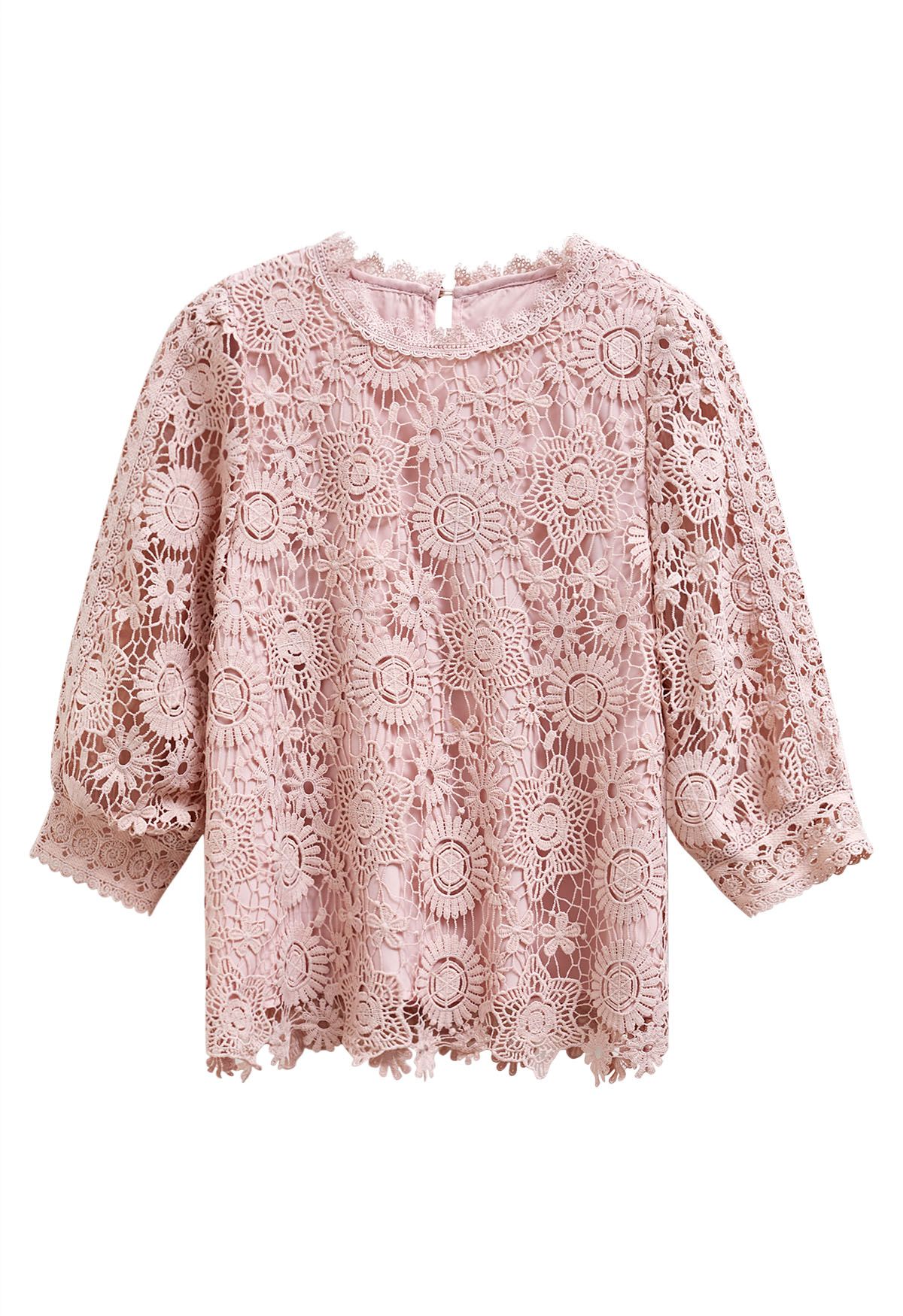 Full Floral Guipure Lace Elbow Sleeve Top in Pink