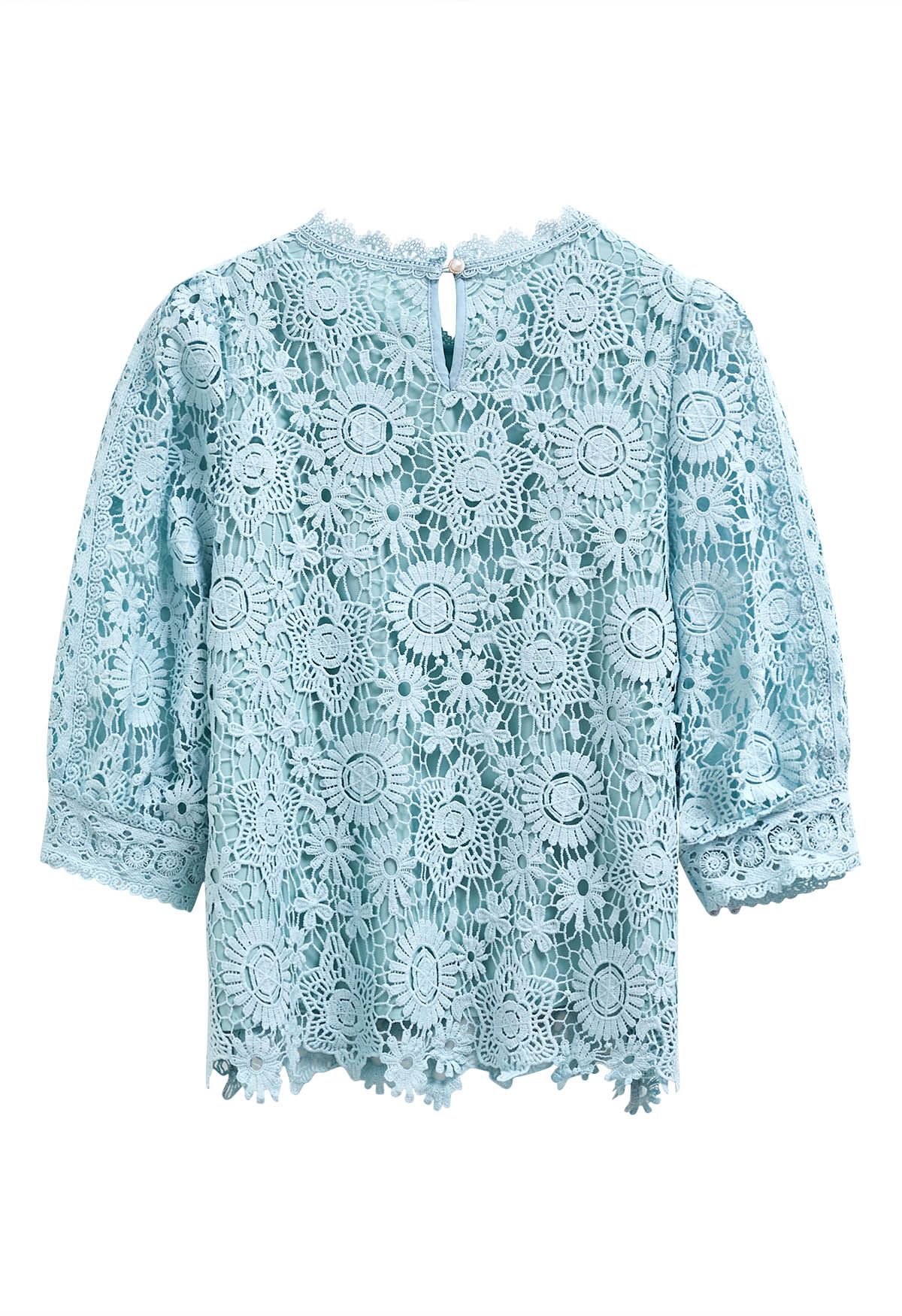 Full Floral Guipure Lace Elbow Sleeve Top in Blue