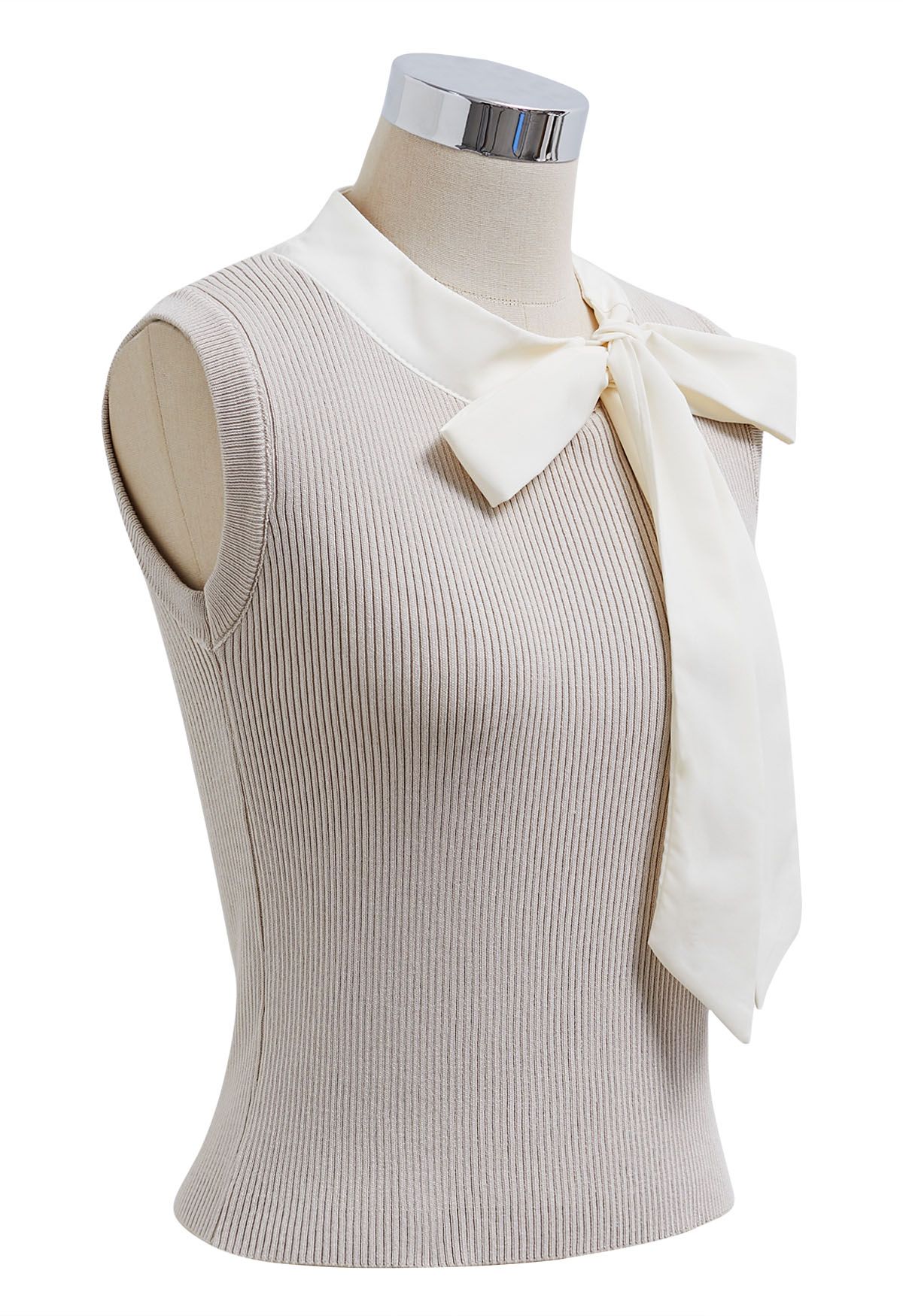 Bowknot Decor Sleeveless Knit Top in Oatmeal