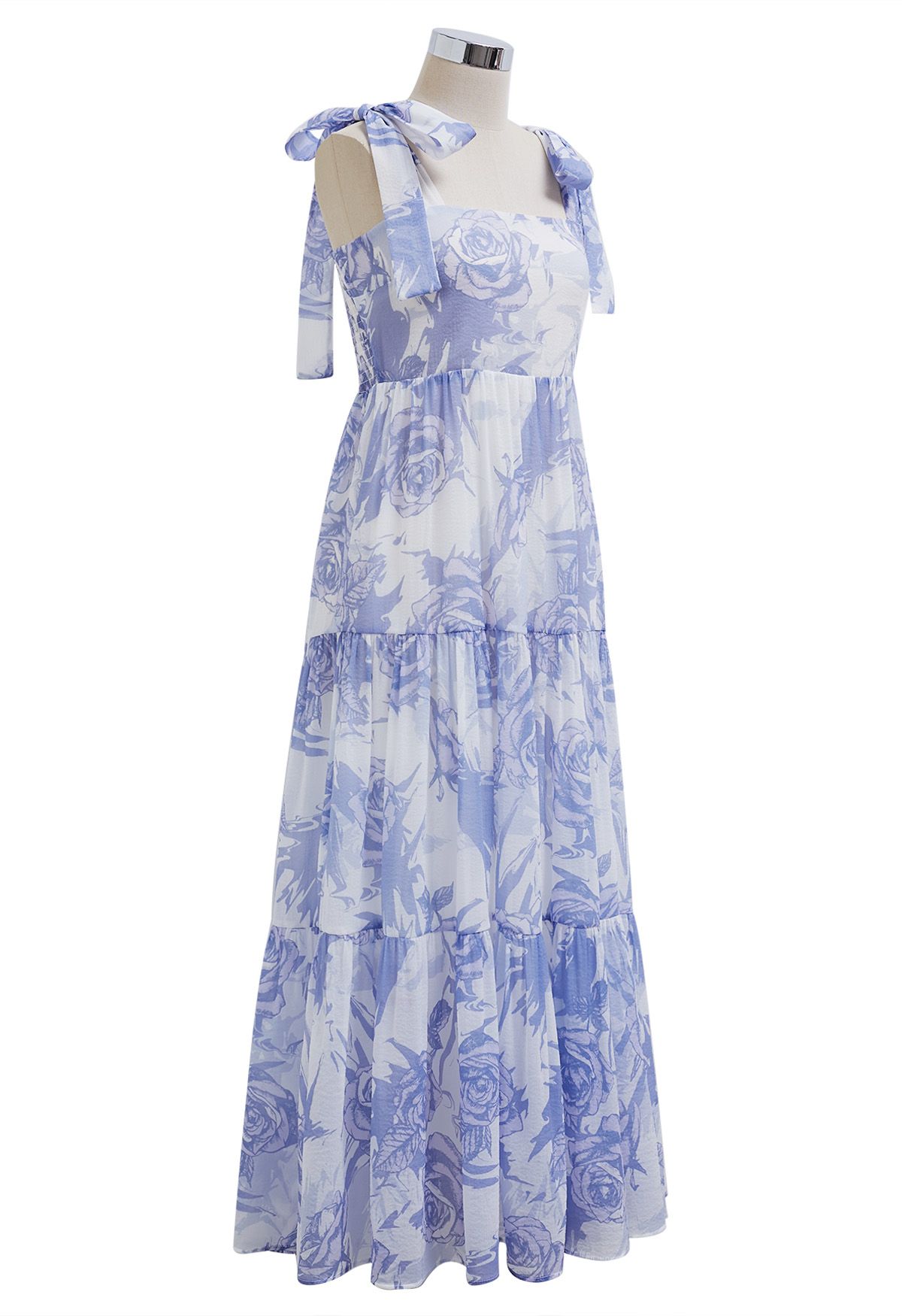 Tranquil Blue Rose Tie-Strap Maxi Dress