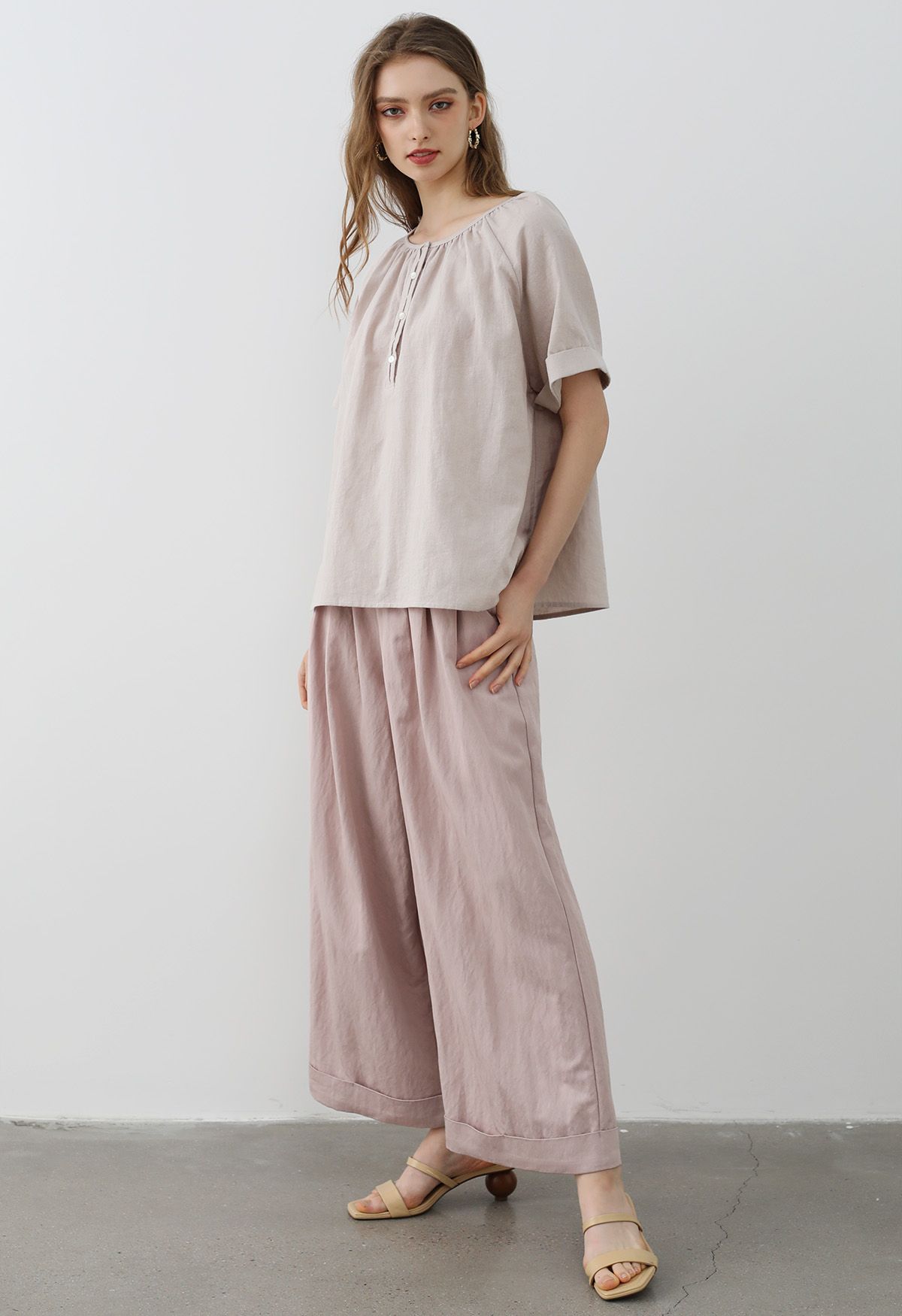 Buttoned Front Roll-Cuff Dolly Top in Dusty Pink