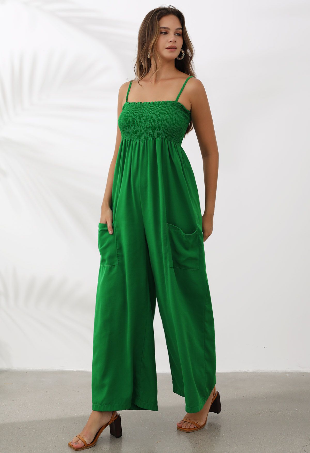 Snazzy Patch Pocket Wide-Leg Cami Jumpsuit in Green