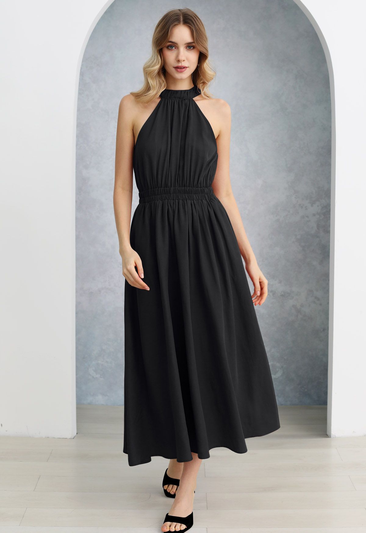 Self-Tie Back Bow Halter Maxi Dress in Black