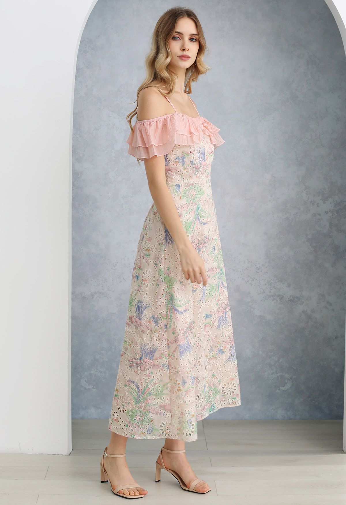 Floral Printed Eyelet Embroidered Flounced Cold-Shoulder Dress