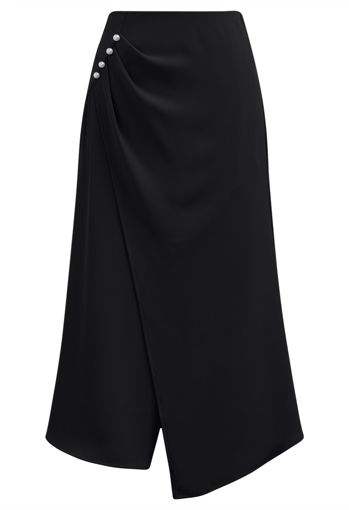 Pearl Side Pleats Asymmetric Flap Midi Skirt in Black