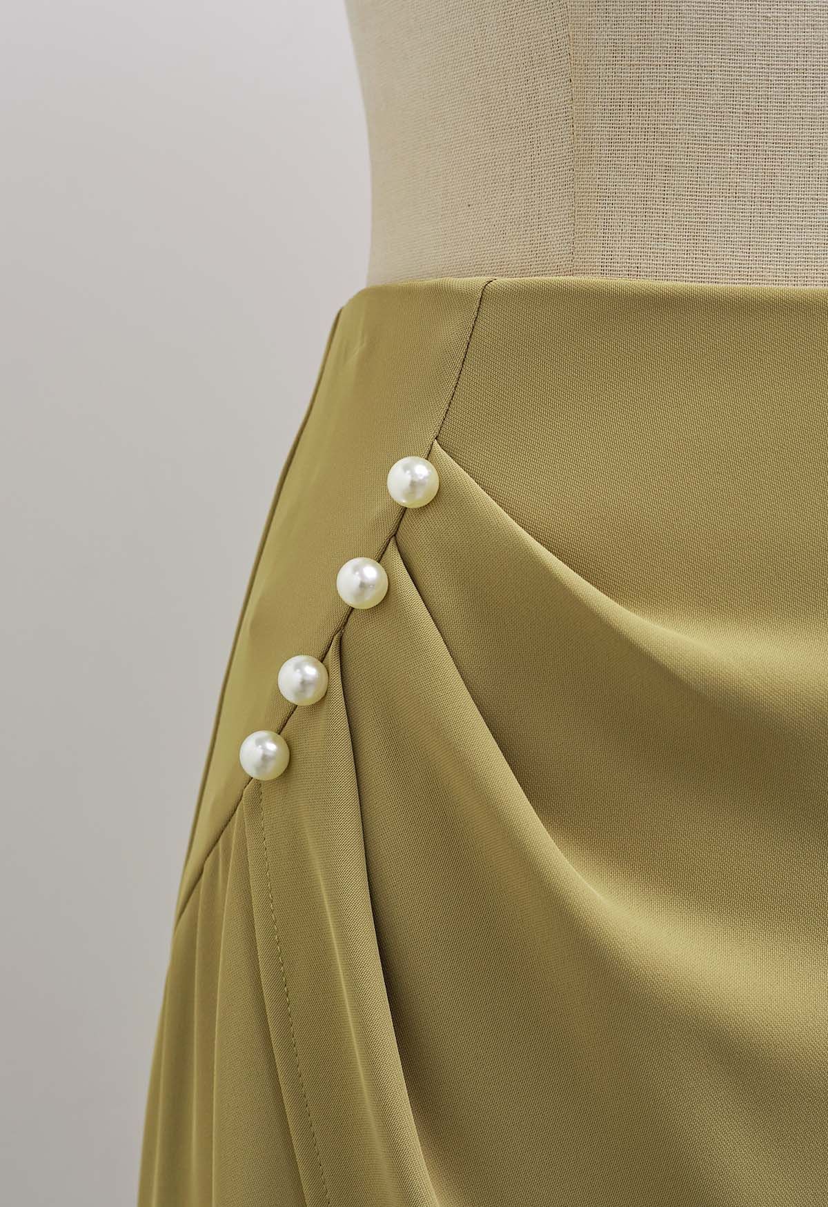 Pearl Side Pleats Asymmetric Flap Midi Skirt in Mustard