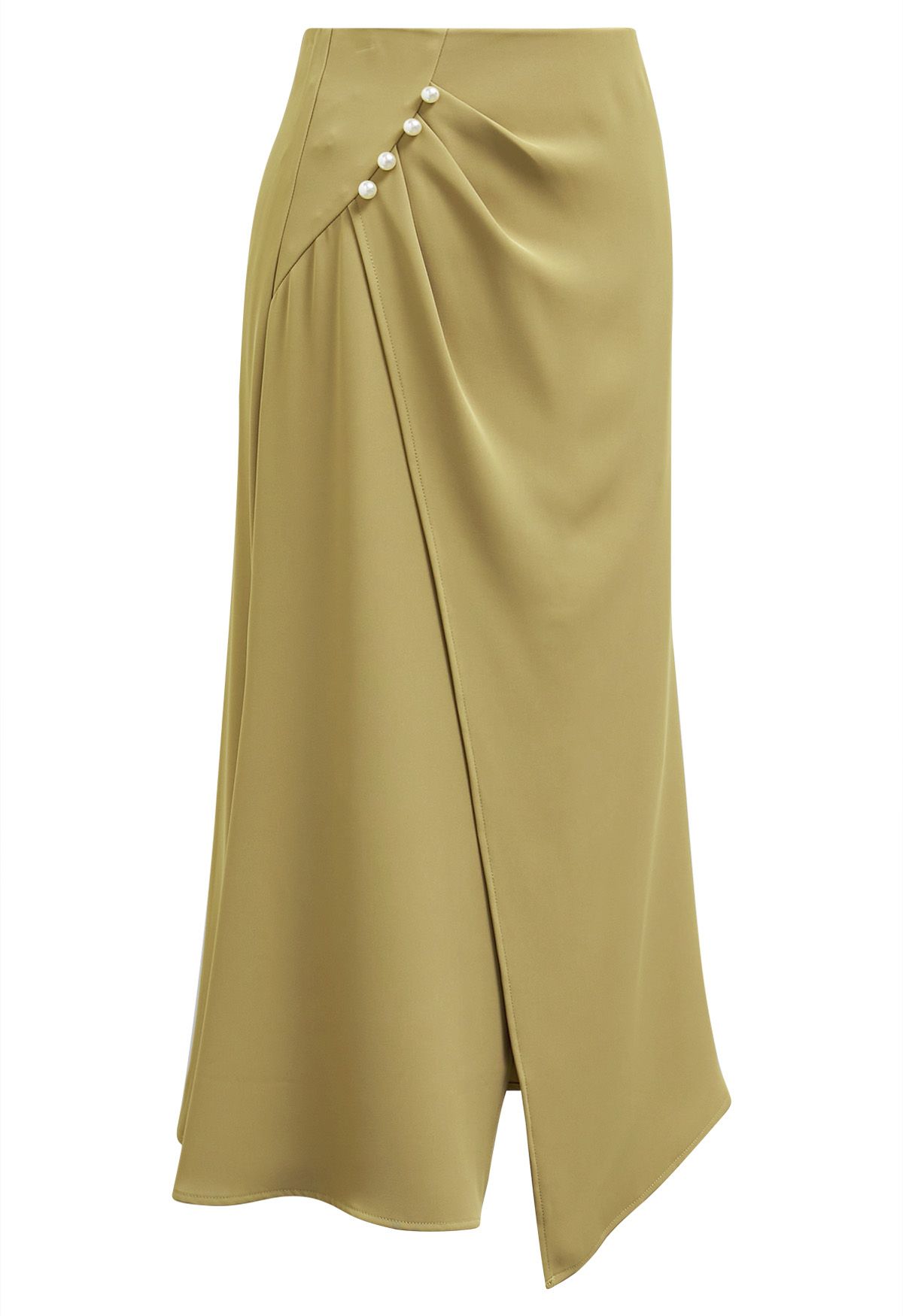 Pearl Side Pleats Asymmetric Flap Midi Skirt in Mustard