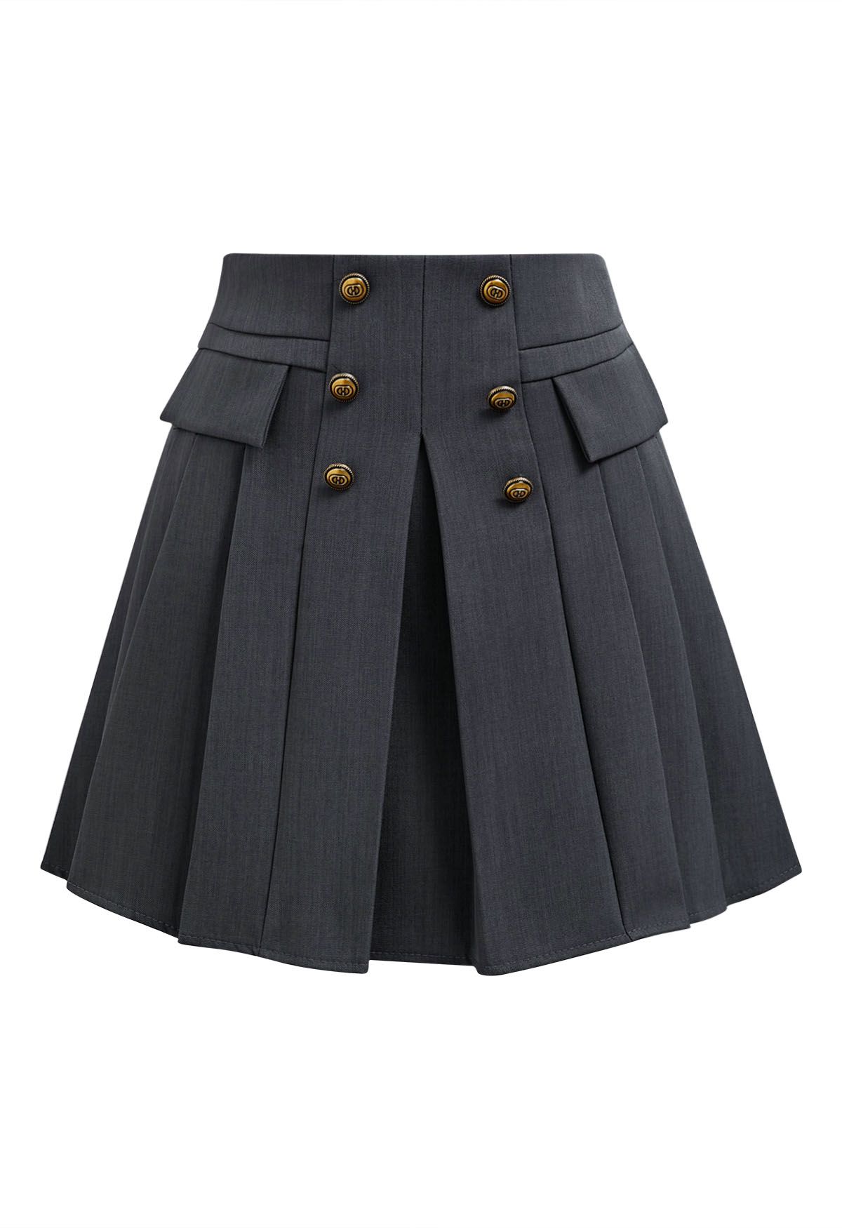 Double-Breasted Pleated Preppy Mini Skorts in Smoke