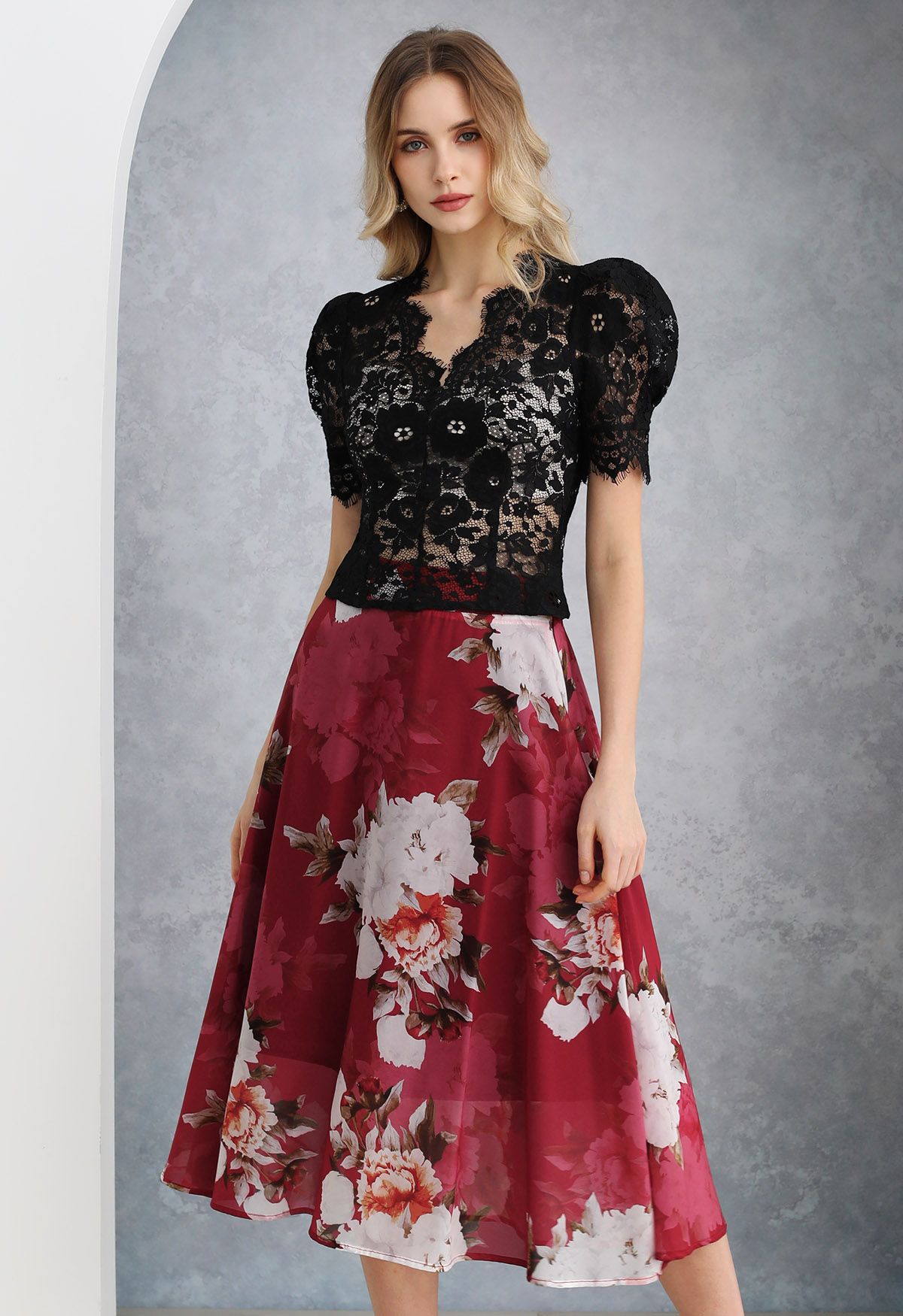 Bright Peony Soft Organza Flare Midi Skirt