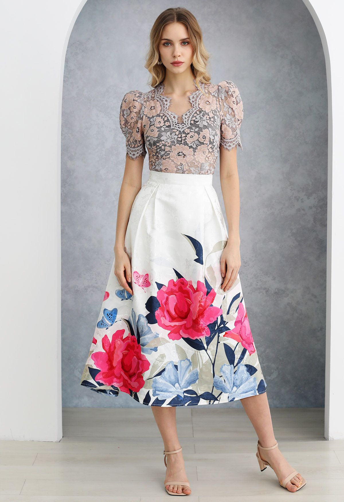 Garden Blossom Jacquard Pleated Flare Midi Skirt