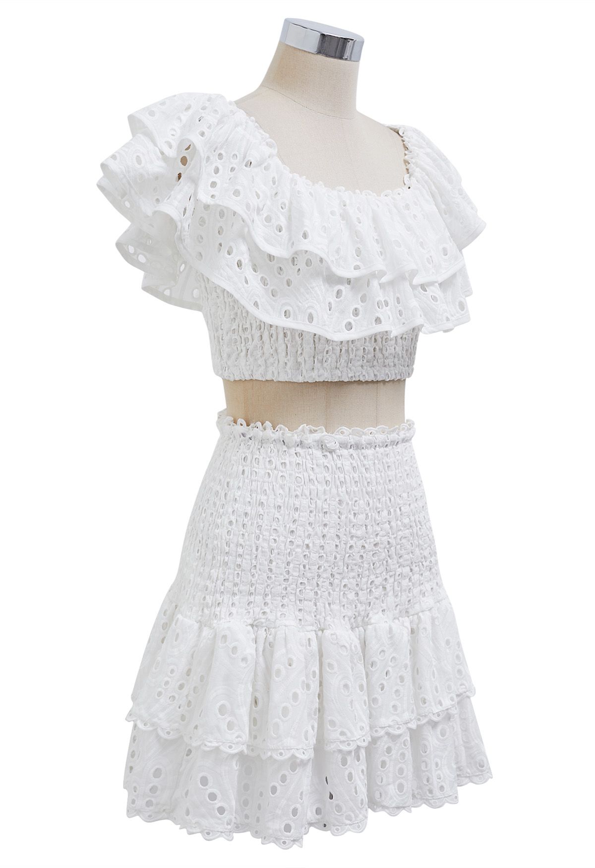 Ruffled Off-Shoulder Shirred Crop Top and Mini Skirt Set in White