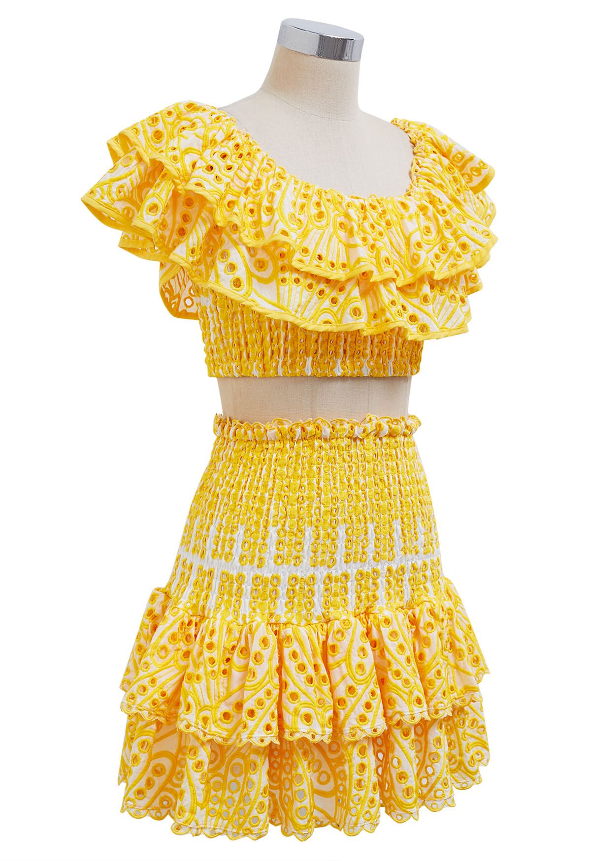 Ruffled Off-Shoulder Shirred Crop Top and Mini Skirt Set in Yellow