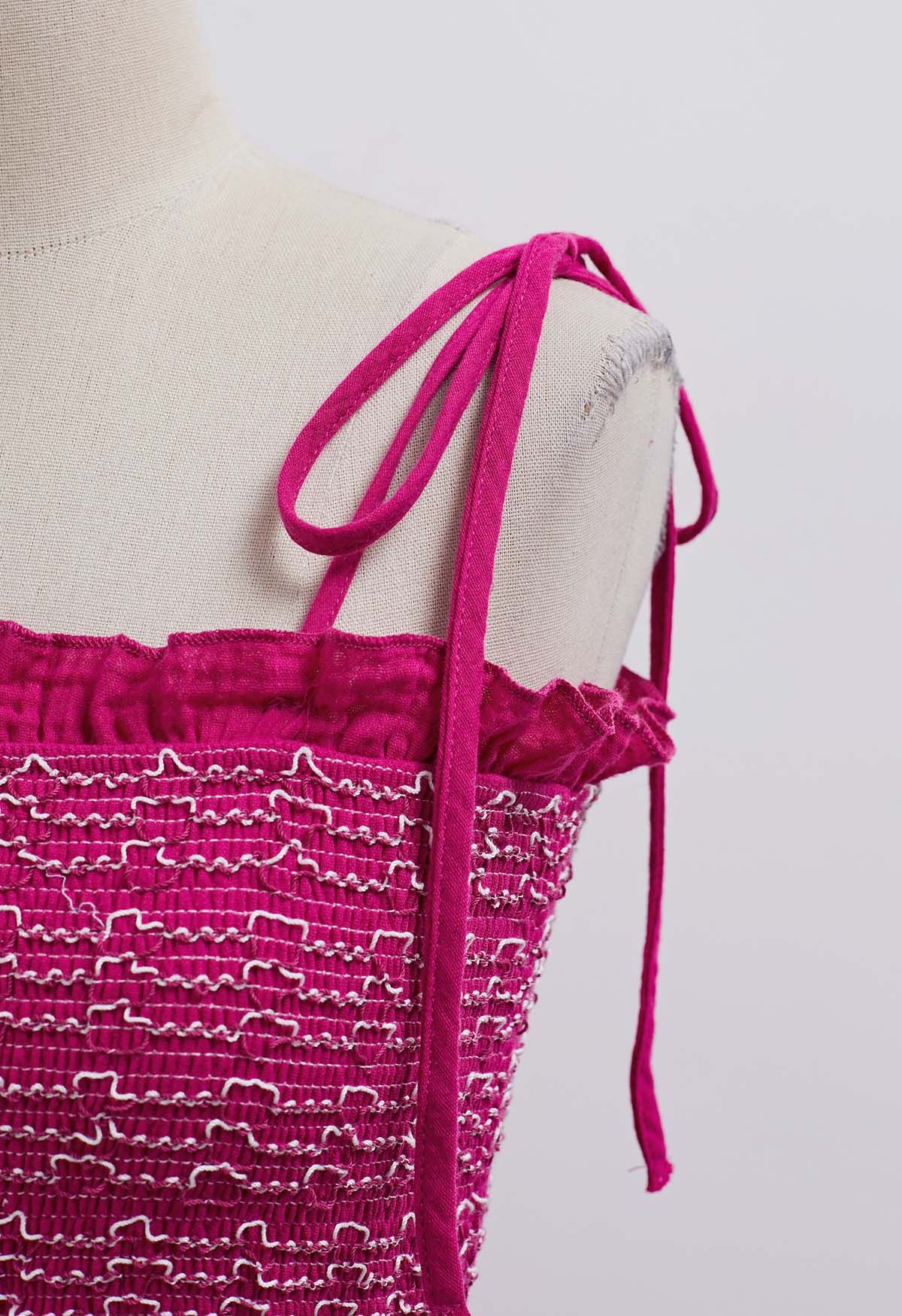 Floret Embroidery Tie-Shoulder Shirred Dress in Hot Pink