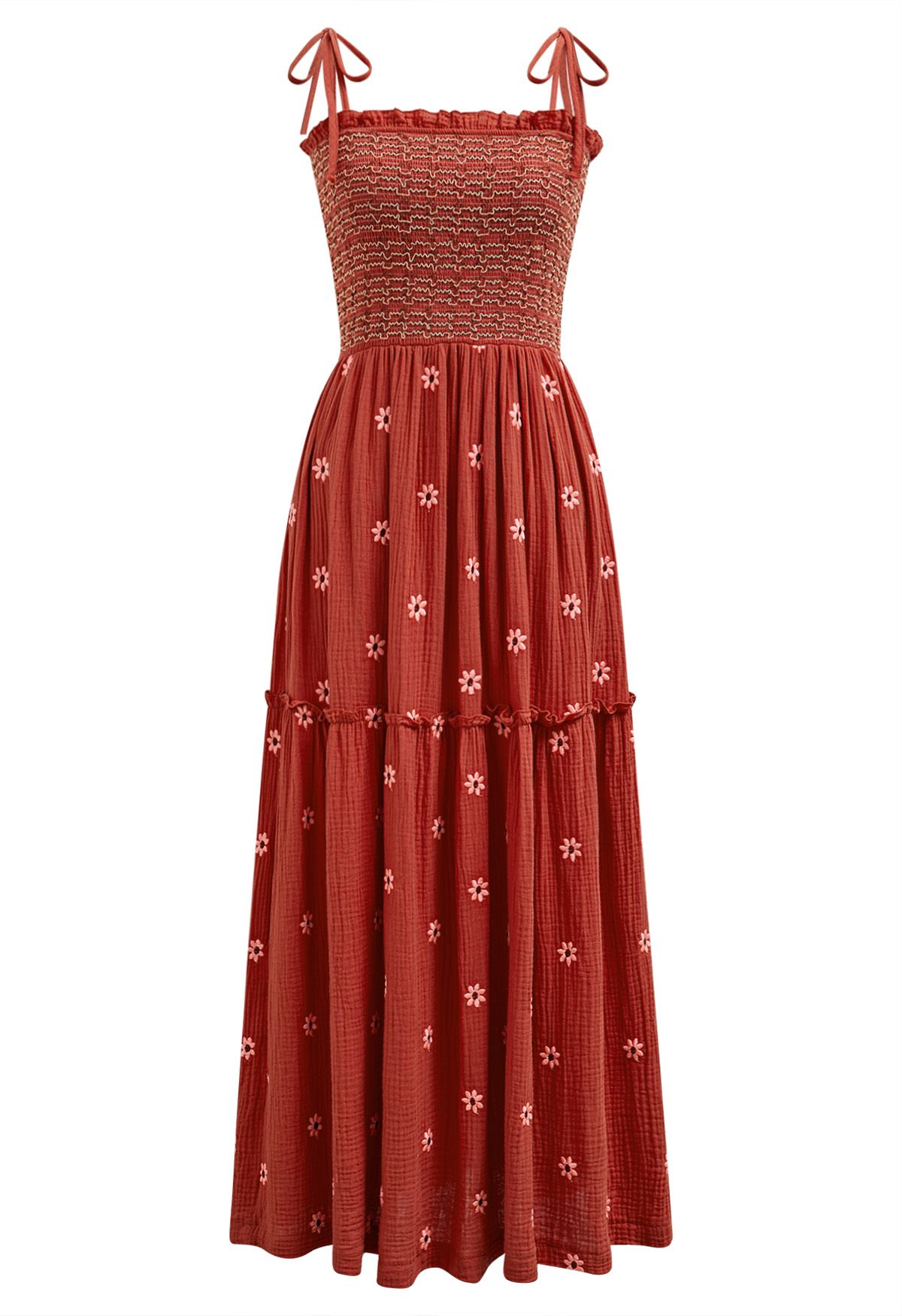 Floret Embroidery Tie-Shoulder Shirred Dress in Orange