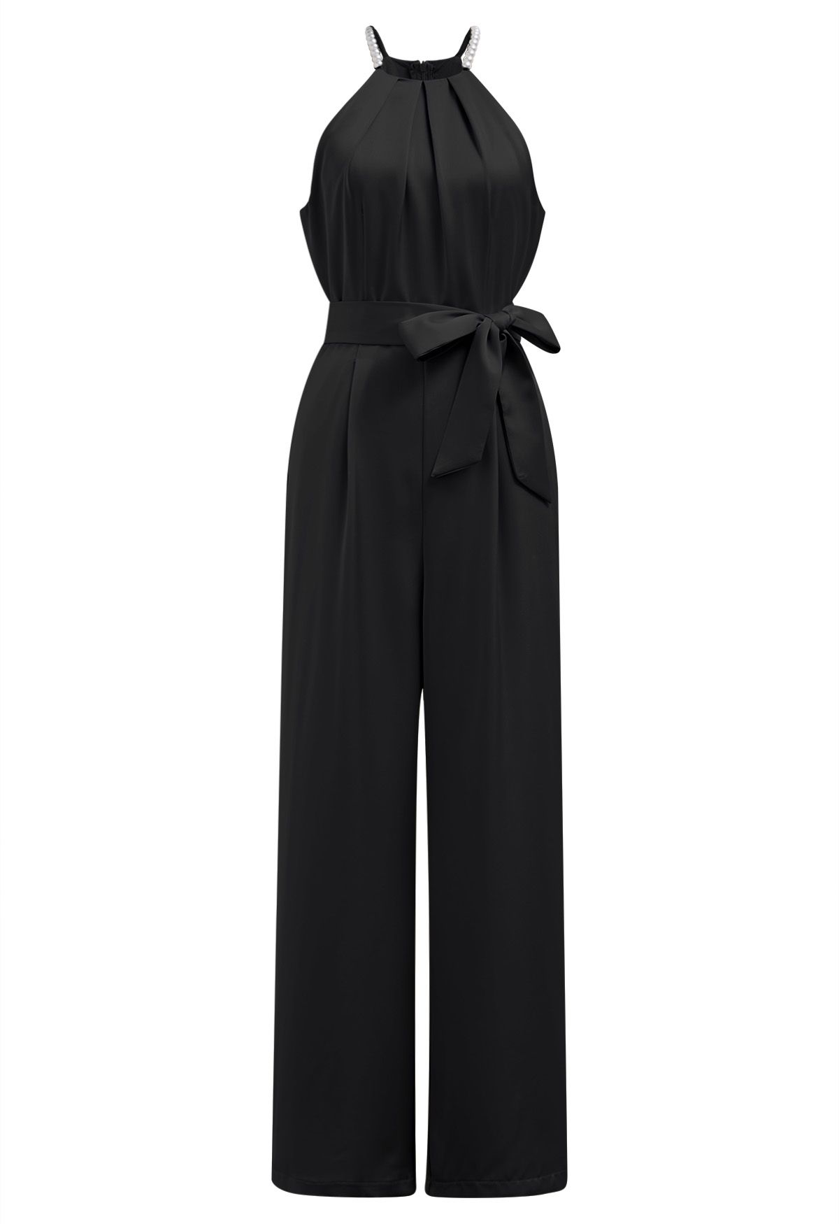 Satin Tie-Waist Pearly Halter Jumpsuit in Black