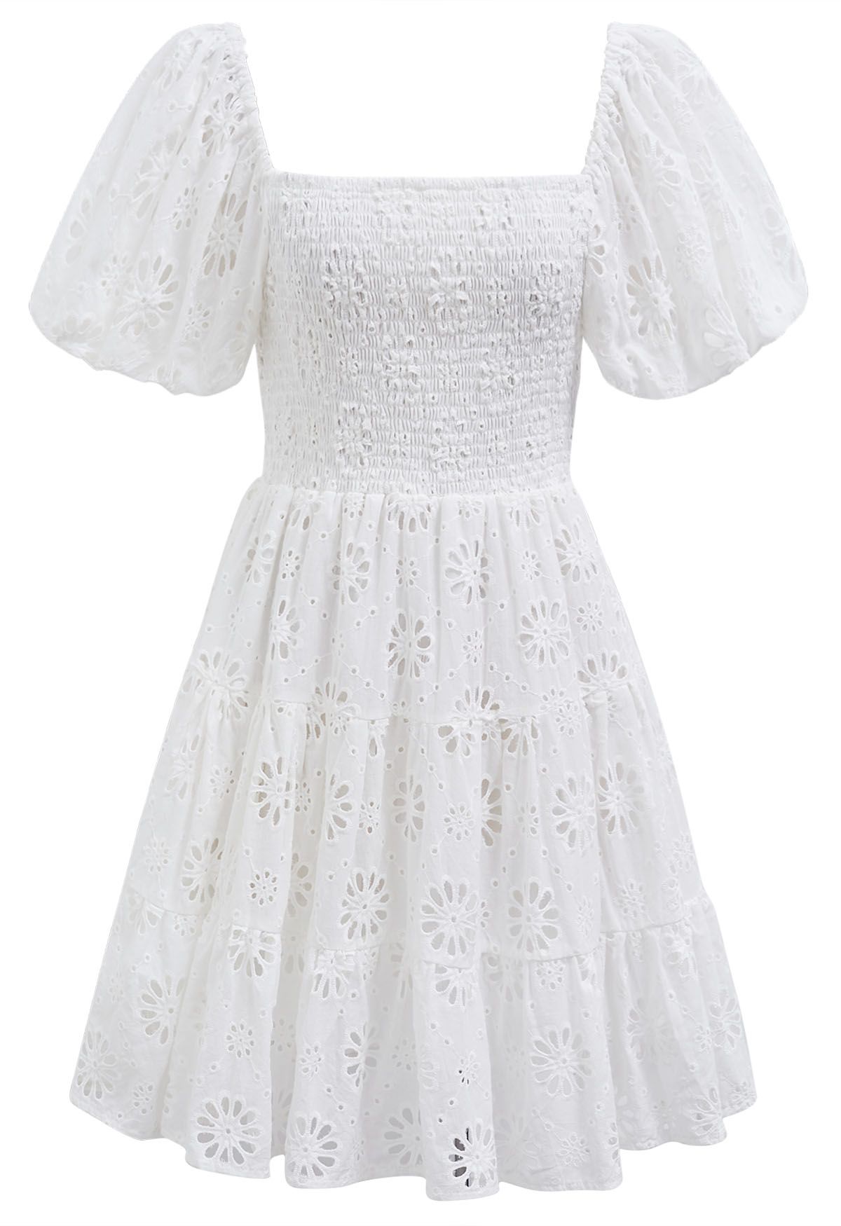 Floral Eyelet Bubble Sleeve Mini Dress in White