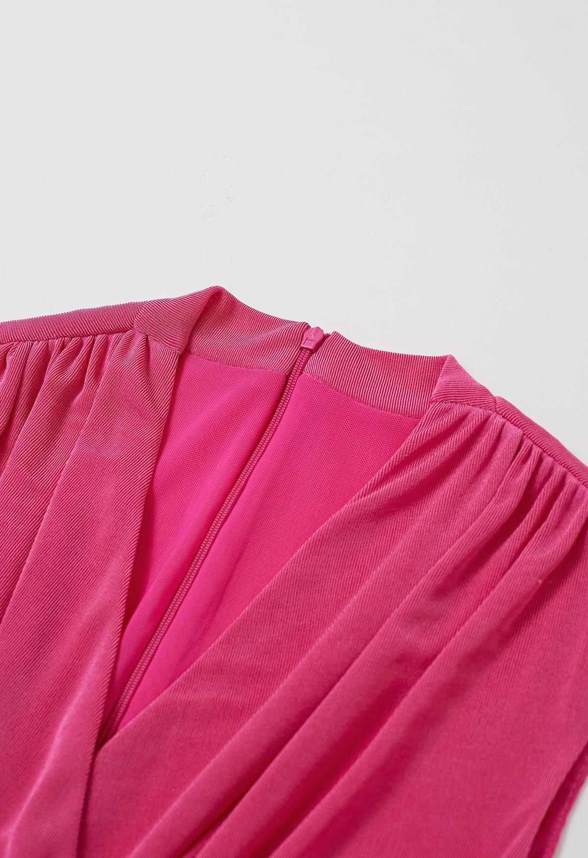 Cinched Waist Faux-Wrap Sheath Dress in Hot Pink