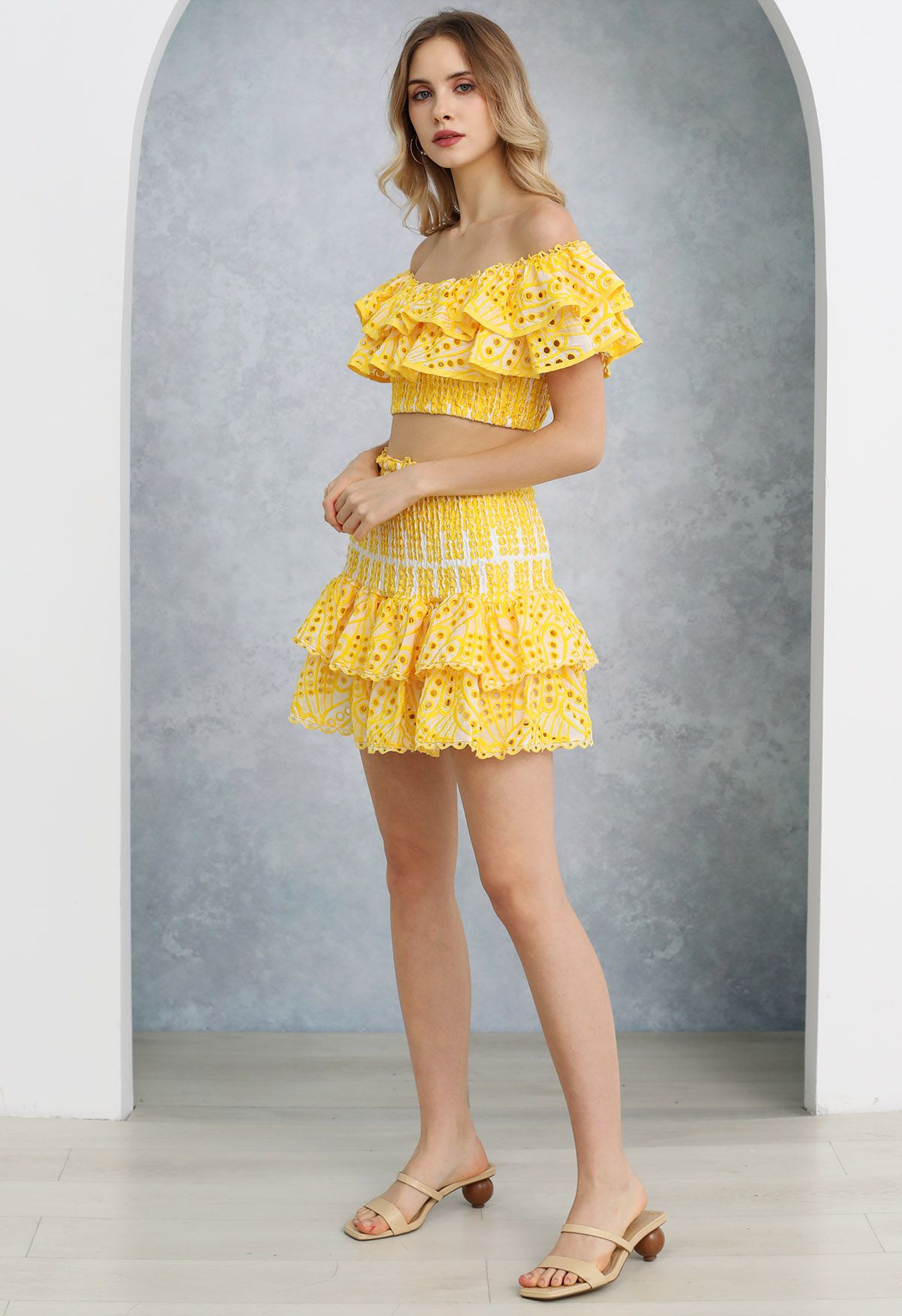 Ruffled Off-Shoulder Shirred Crop Top and Mini Skirt Set in Yellow