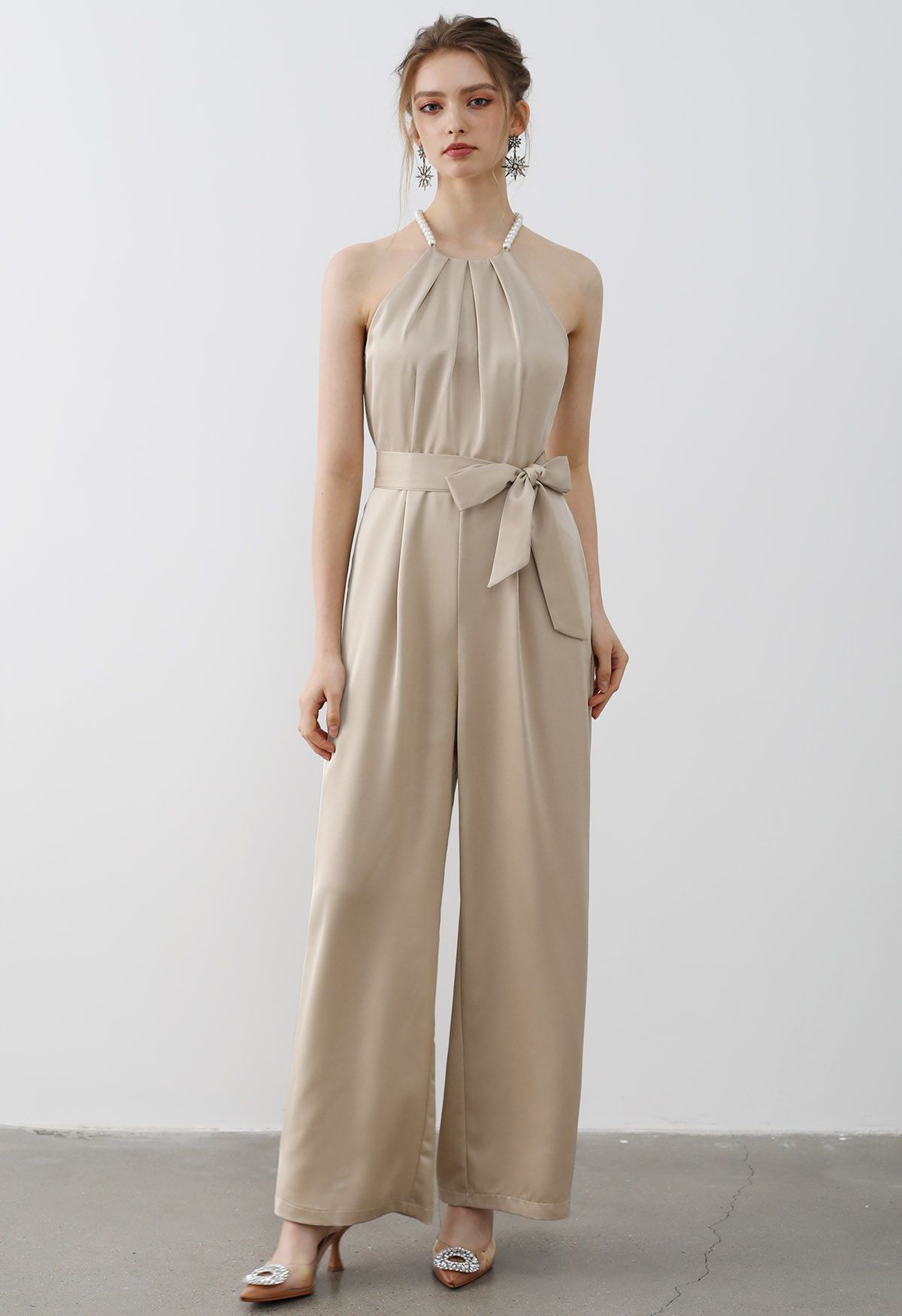 Satin Tie-Waist Pearly Halter Jumpsuit in Sand