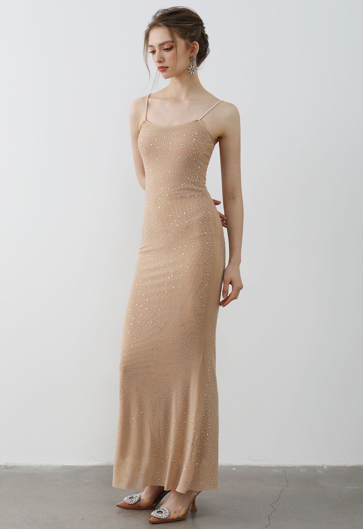 Rhinestone Embellished Bodycon Mesh Maxi Dress in Tan