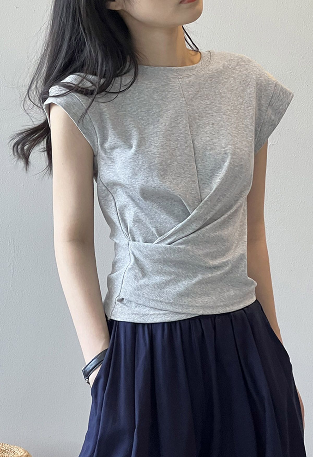 Cap Sleeve Crisscross Cotton Top in Grey