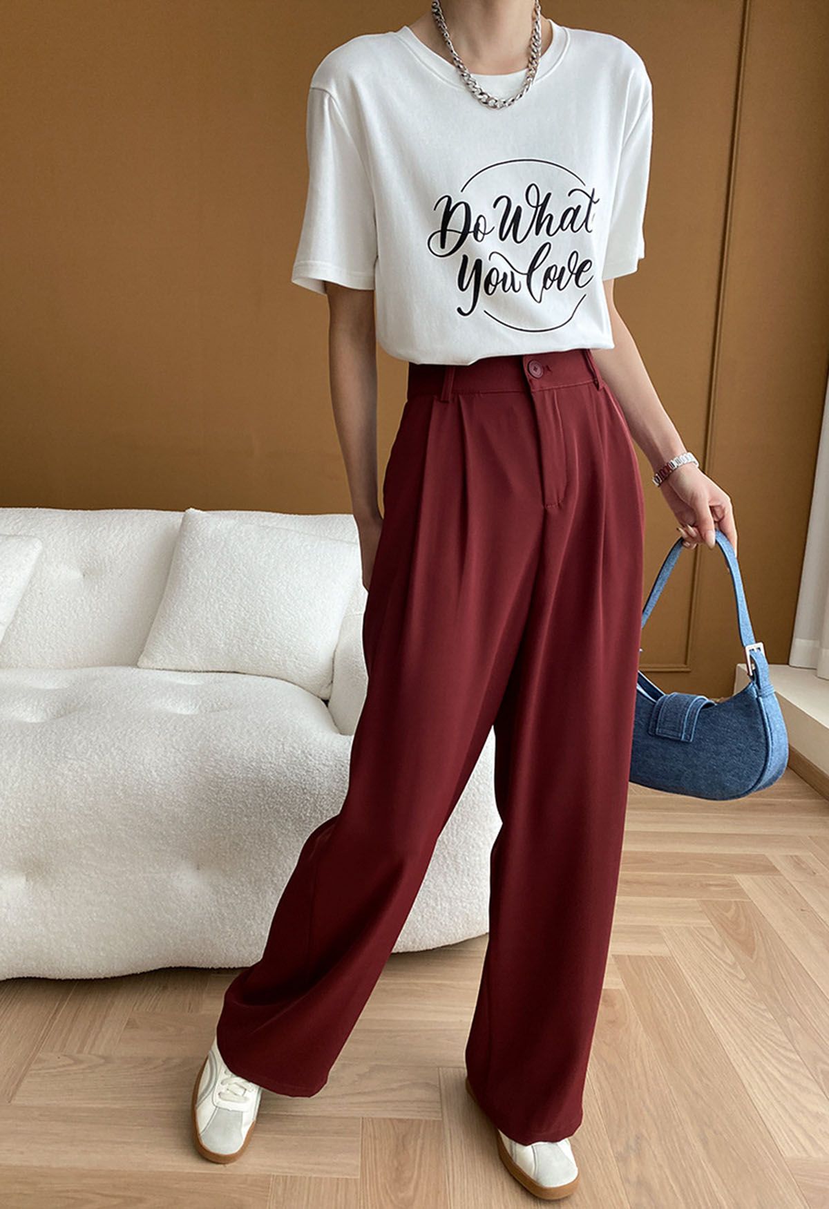 High-Waist Straight-Leg Pants in Red