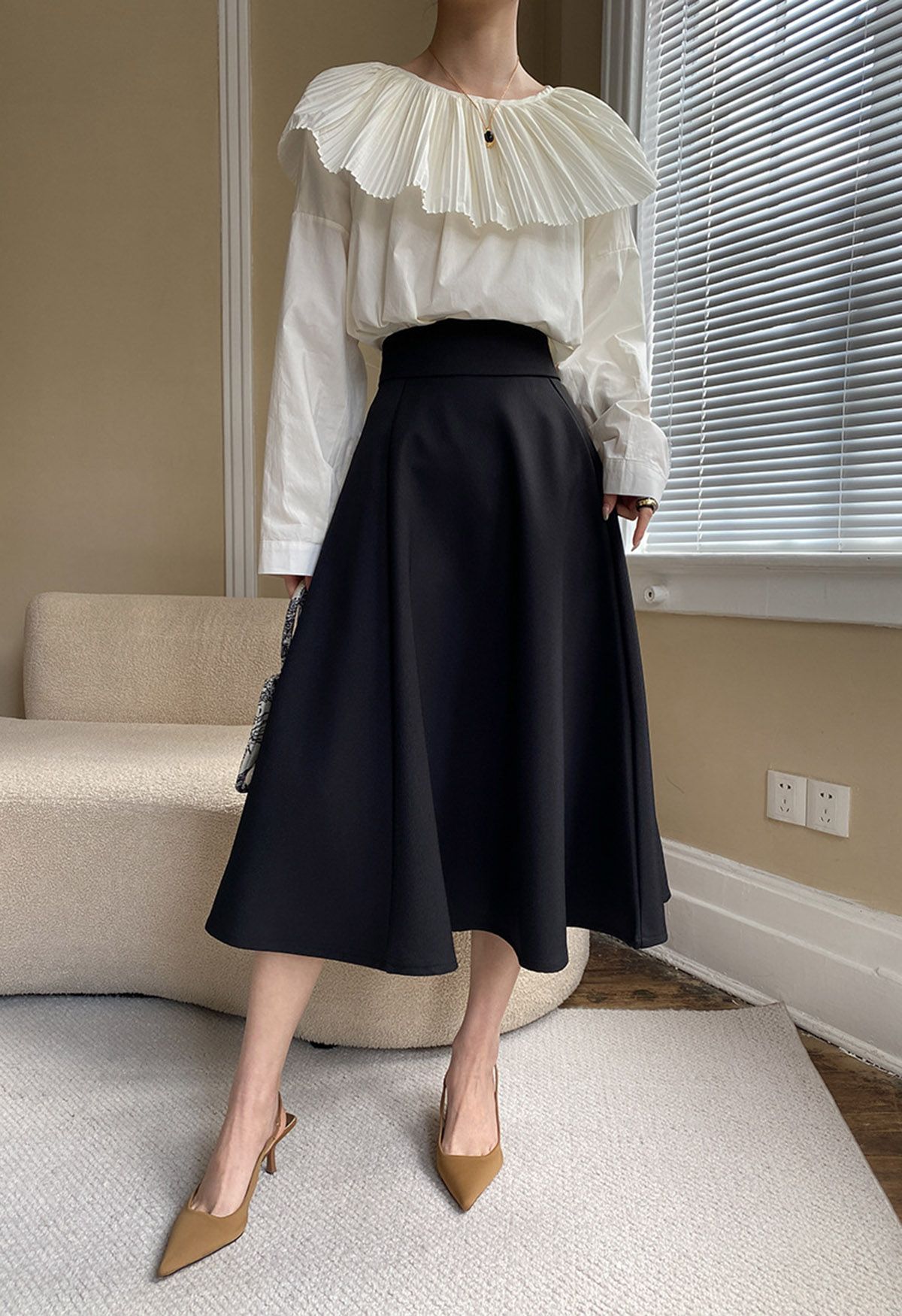 Solid Black High-Waist A-Line Midi Skirt 