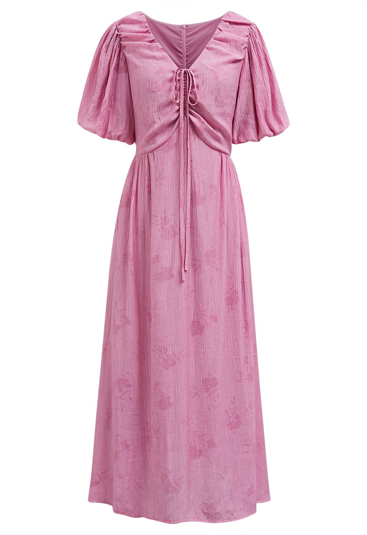 Subtle Floral Texture Drawstring V-Neck Midi Dress in Pink