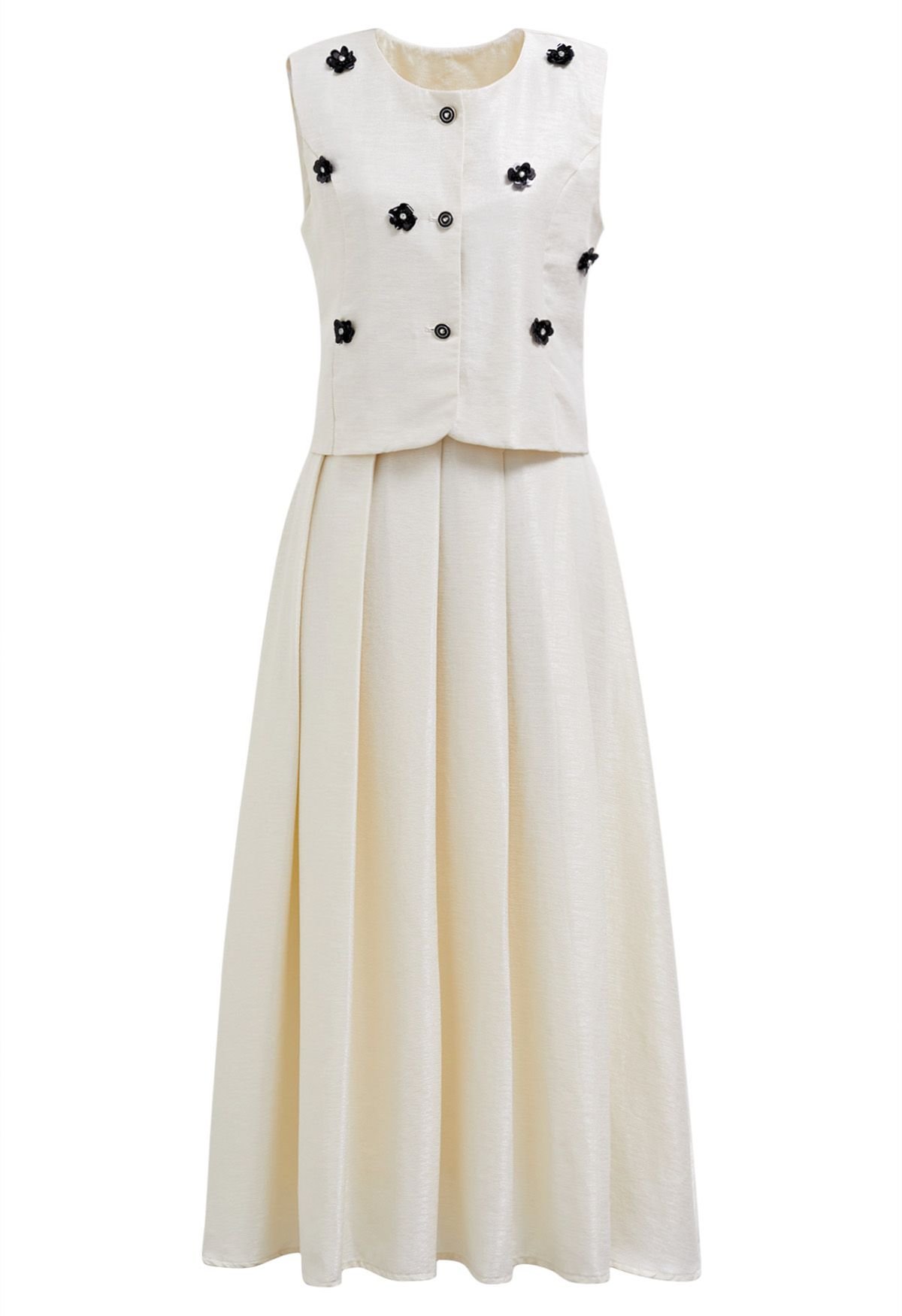 Sequined Floret Button Down Vest and Pleated Skirt Set in Cream