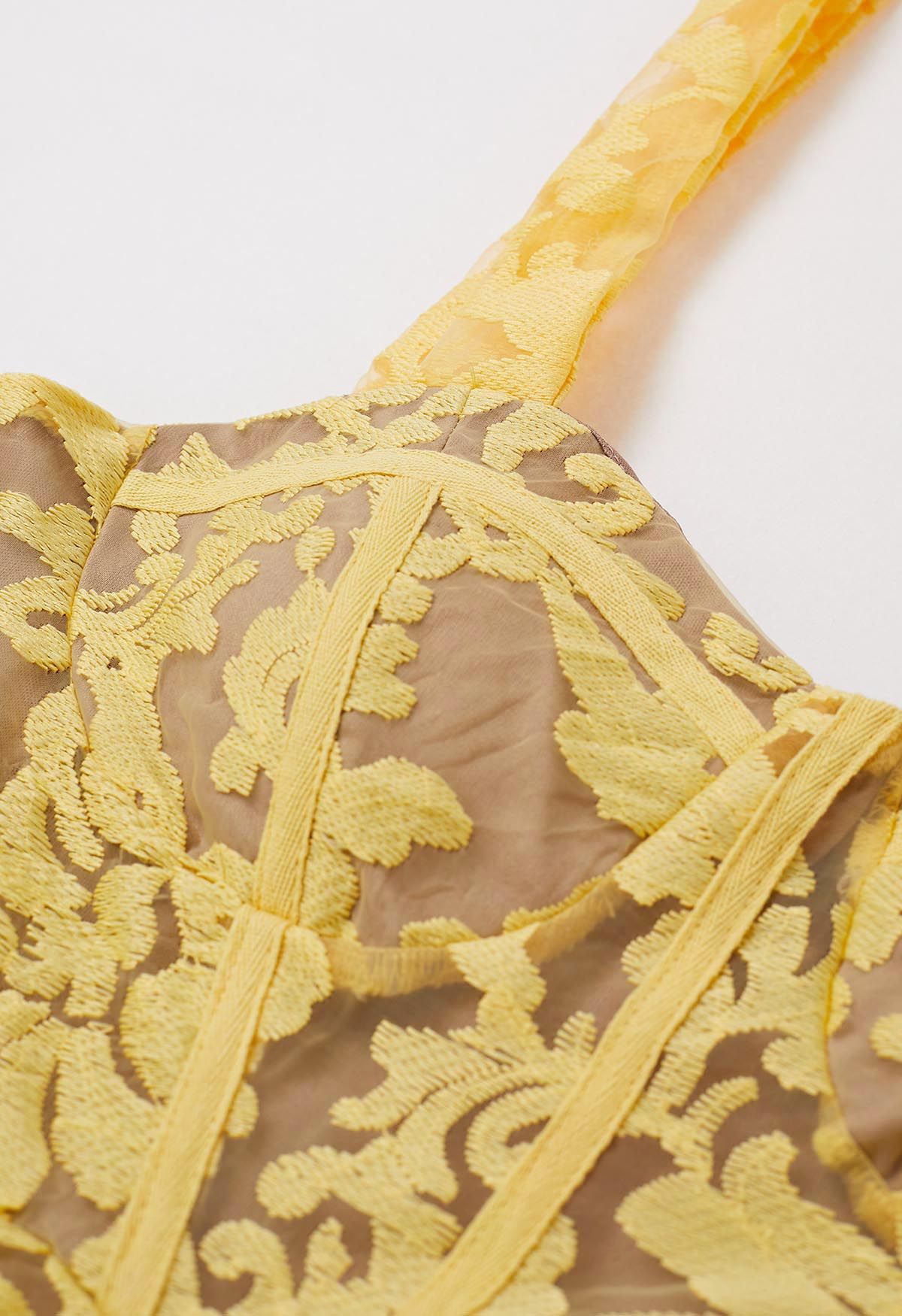 Yellow Embroidered Floral Organza Cami Dress